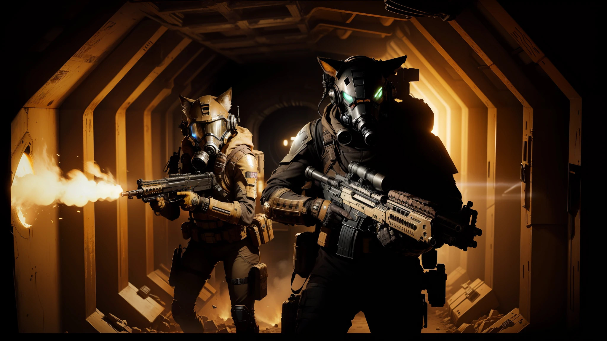 gearstorms in a tunnel with a gun and a gas mask, realistic digital art 4 k, fox people, skinwalker, black and gold armor, elites, arknights, sewer background, ( ( ( alien ) ) ), gas masks, bullpup, anamorphic flares, the expanse --auto --s2
