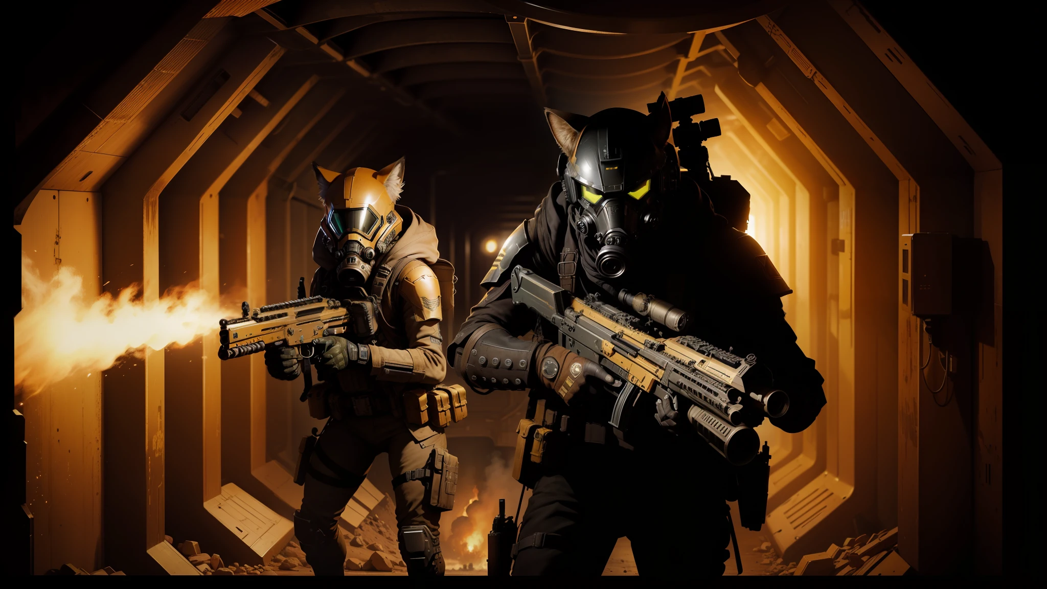 gearstorms in a tunnel with a gun and a gas mask, realistic digital art 4 k, fox people, skinwalker, black and gold armor, elites, arknights, sewer background, ( ( ( alien ) ) ), gas masks, bullpup, anamorphic flares, the expanse --auto --s2