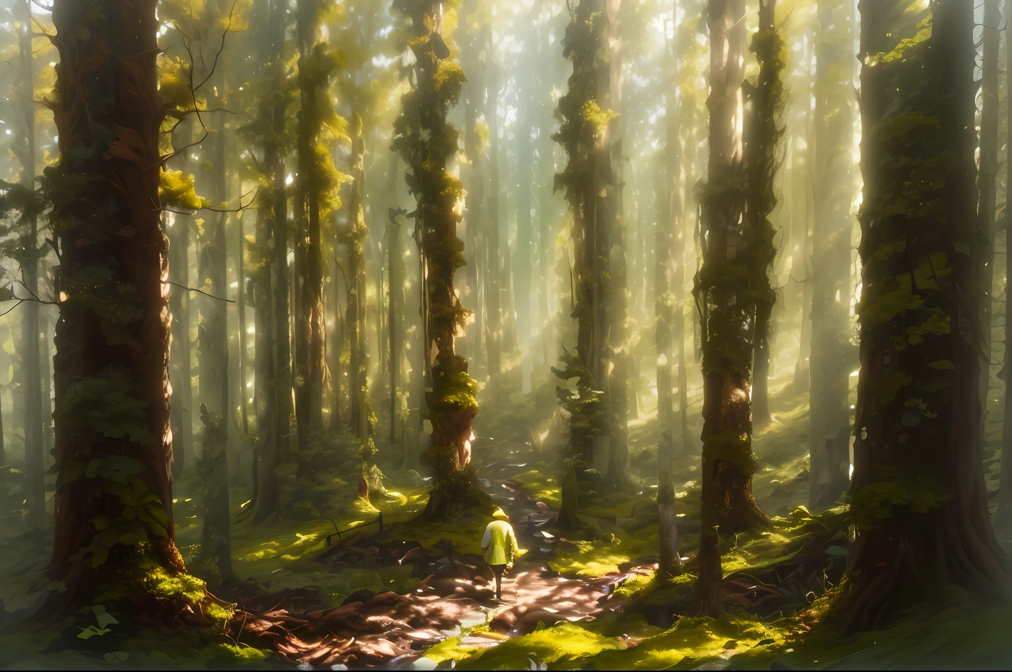 there is a man walking through a forest with a dog, in green forest, forest setting in iceland, walking through a lush forest, in a dense forest, stood in a forest, sitting in the forrest, walking in forest, lost in a forest, walking in a forest, standing on a forest, swedish forest, lush green deep forest, walking through a forest, BioPunkAI