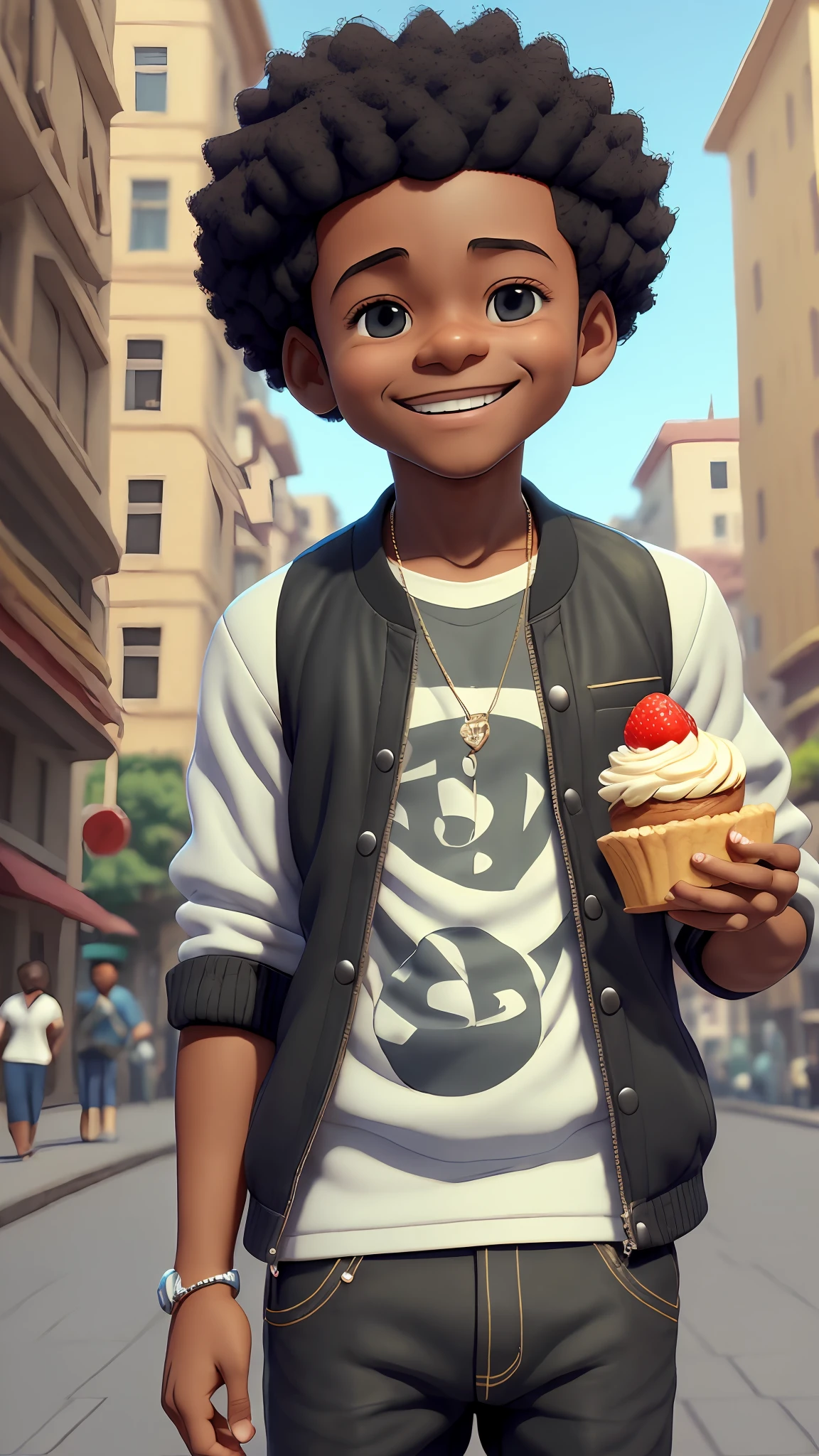 3D cartoon character holding a small cake on a city street, black boy, (detailed facial affections)(((baby))), movie art, clean shot, ghailan!, like a pixar character, handsome young man, afro hair, grace and blessing, (((cute smile))),rendered in unreal, movie promo image, rendered image --auto --s2