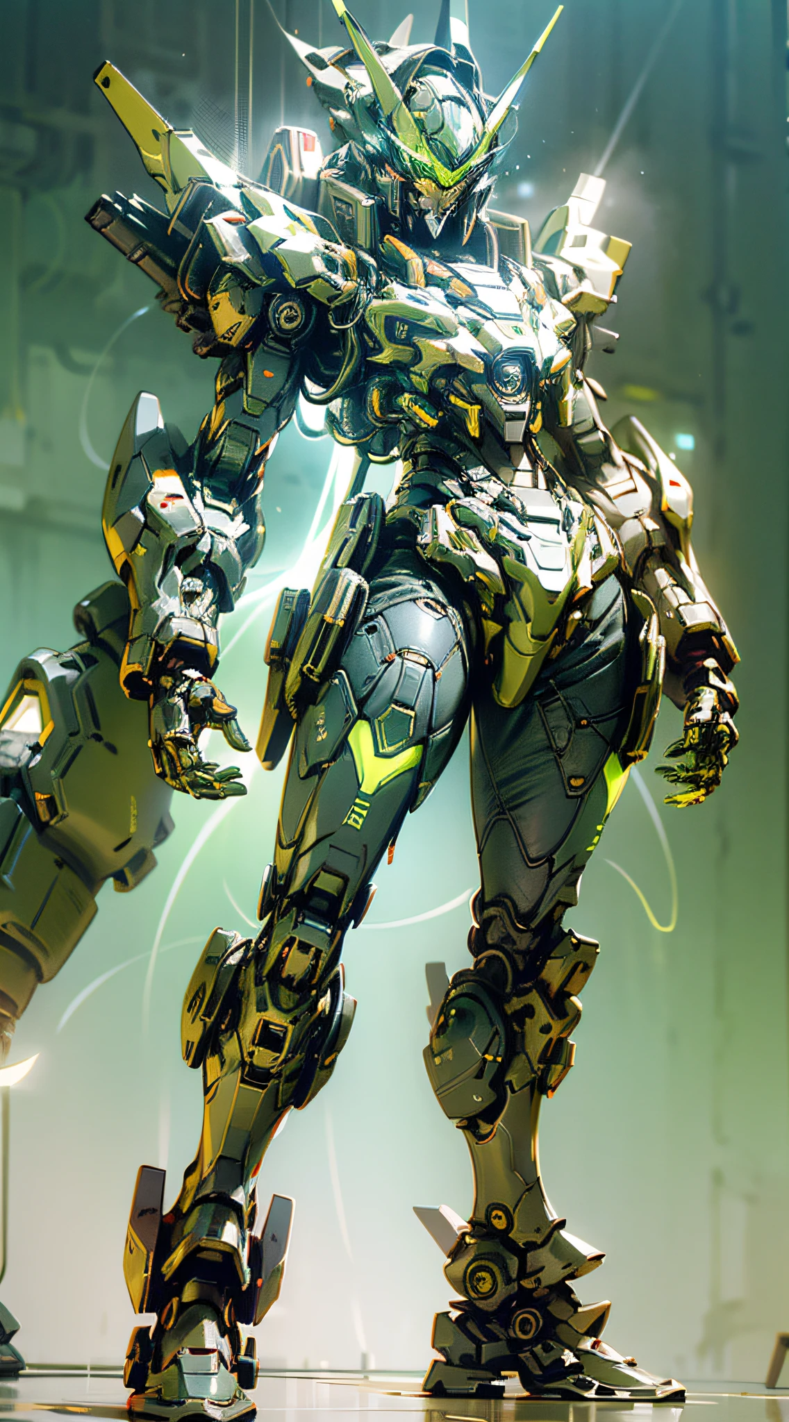 "This is a mech that is about to go to war, with exquisite lines and a blue color overall. Green luminous devices are mounted on the hands and legs, and heavy missile devices are located above the shoulders and emit an orange-red glow. The mech has a metallic paint sheen and its eyes glow green. Please generate realistic, 3D mechs, the background should not be blurred, and the whole should not be too blurry. ", frontal photos, phantom effects, clear contrast, light and shadow effects