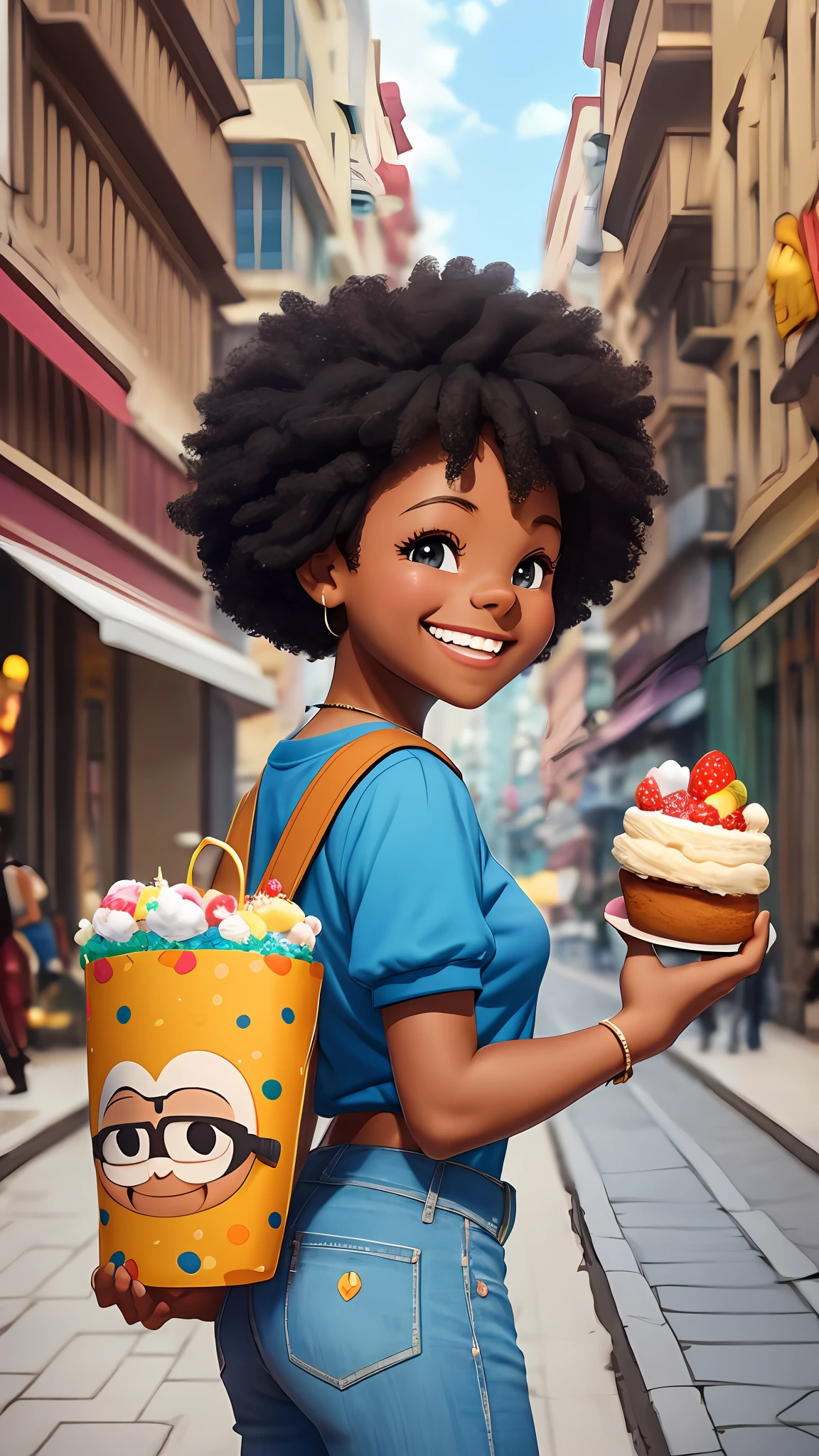 3D cartoon character (((funny))) holding a small cake on a city street, black girl, (((cute smile))), movie art, clean photo, ghailan!, like a pixar character, handsome young man, afro hair logos, grace and blessing, rendered in unreal, movie promo image, rendered image --auto --s2