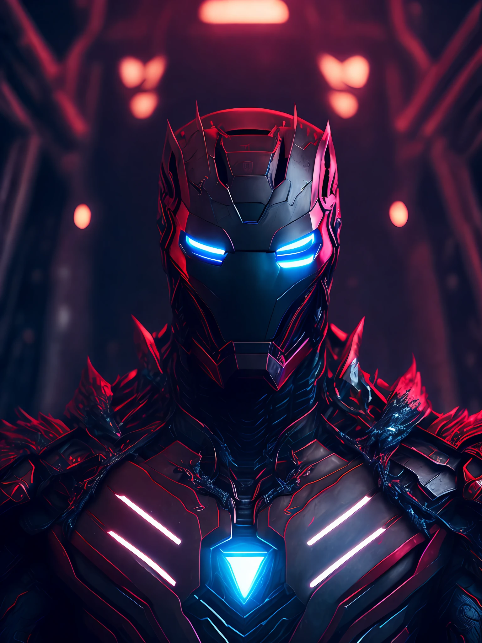a somber portrait of Venom + Iron Man from Marvel, with intricate angular cybernetic implants inside a brutalist building, gothic brutalist cathedral, cyberpunk, award-winning photo, bokeh, neon lights, cybernetic limb