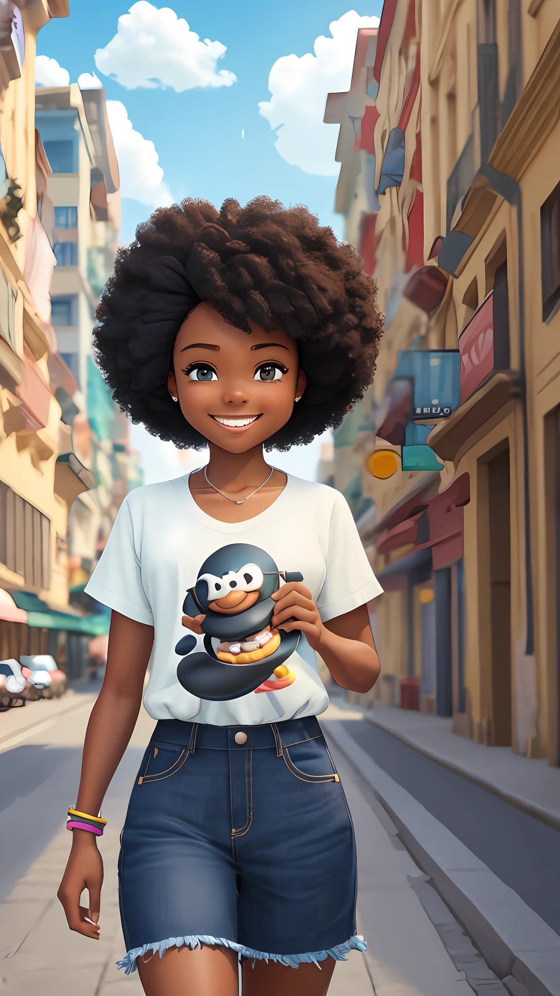 3D cartoon character (((funny))) holding a small cake on a city street, black girl, (((cute smile))), movie art, clean photo, ghailan!, like a pixar character, handsome young man, afro hair logos, grace and blessing, rendered in unreal, movie promo image, rendered image --auto --s2