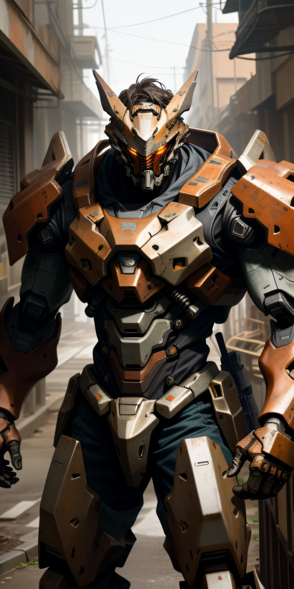 Portrait photo of an alpha male, perfect eyes, in a worn mecha suit, intricate, (steel metal [rust]), elegant, sharp focus, photo by greg rutkowski, soft lighting, vibrant colors, masterpiece, ((streets)), cowboy shot, dynamic pose,