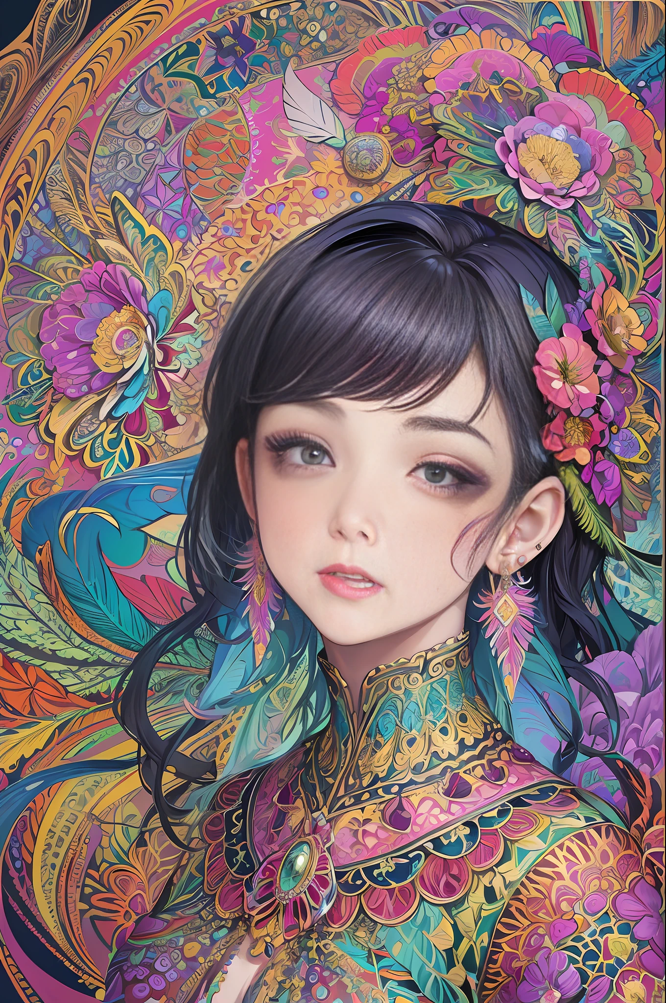 (masterpiece, top quality, best quality, official art, beautiful and aesthetic:1.2), (1girl:1.3), extremely detailed,(fractal art:1.1),(colorful:1.1)(flowers:1.3),highest detailed,(zentangle:1.2), (dynamic pose), (abstract background:1.3), (shiny skin), (many colors:1.4), ,(earrings:1.4), (feathers:1.4)