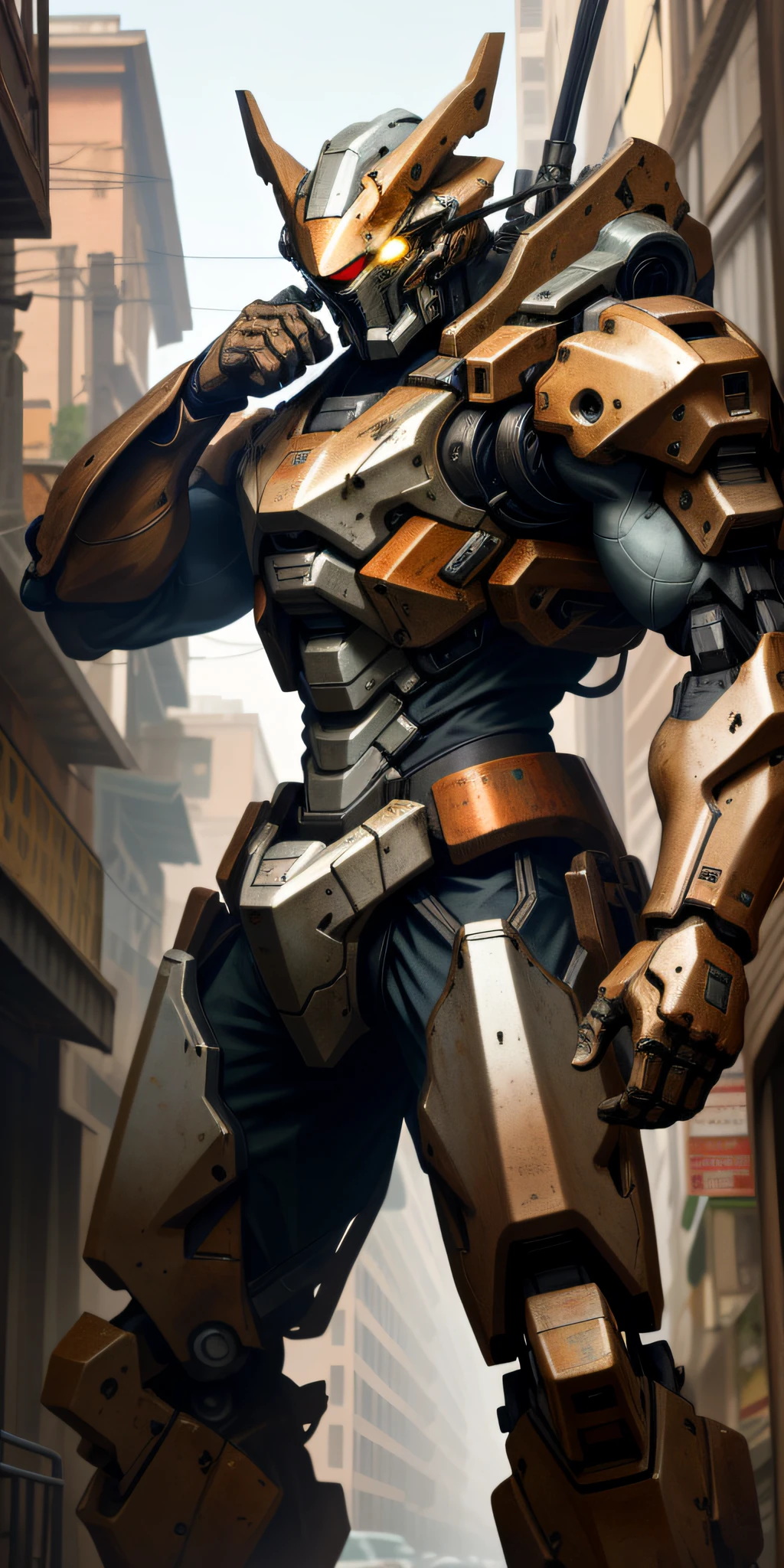 Portrait photo of an alpha male, perfect eyes, in a worn mecha suit, intricate, (steel metal [rust]), elegant, sharp focus, photo by greg rutkowski, soft lighting, vibrant colors, masterpiece, ((streets)), cowboy shot, dynamic pose,