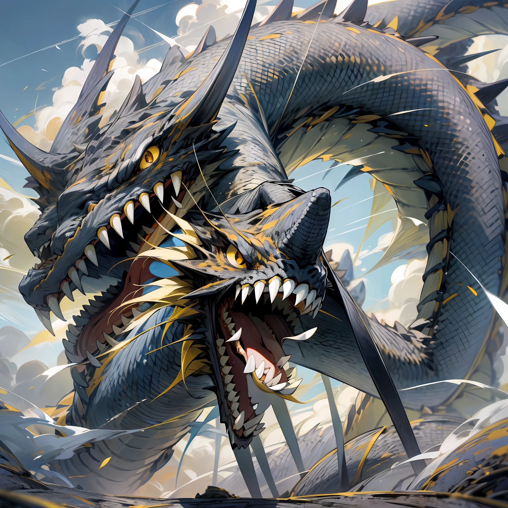 Best quality,masterpiece,ultra high res,nu no humans, (long:1.2),sky, yellow eyes, cloud, scales, eastern dragon, open mouth, sharp teeth, flying, horns, teeth, day, claws, fangs, blue sky --auto --s2