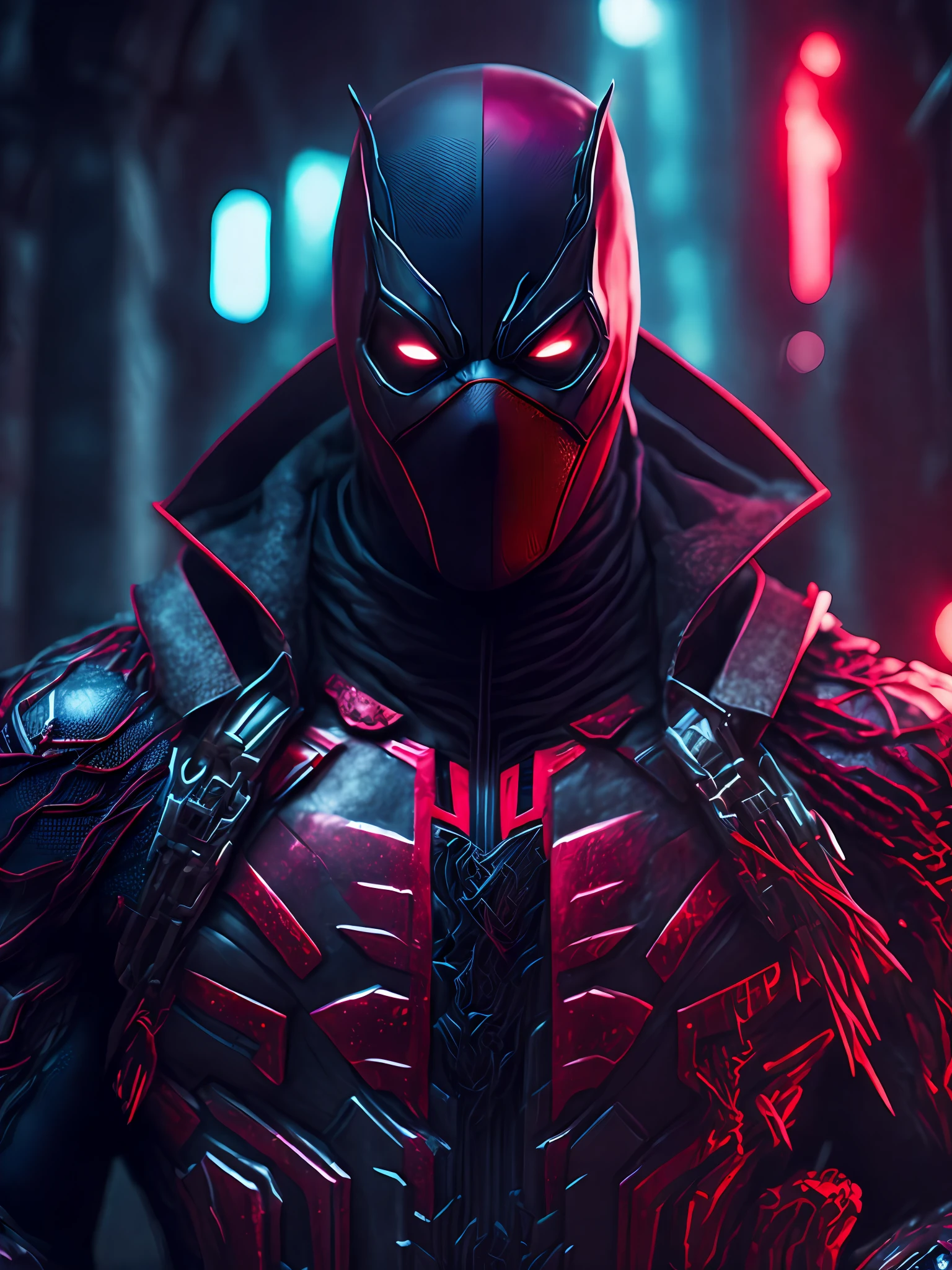 gloomy portrait of Venom + Deadpool from Marvel, with intricate angular cybernetic implants inside a brutalist building, gothic brutalist cathedral, cyberpunk, award-winning photo, bokeh, neon lights, cybernetic limb