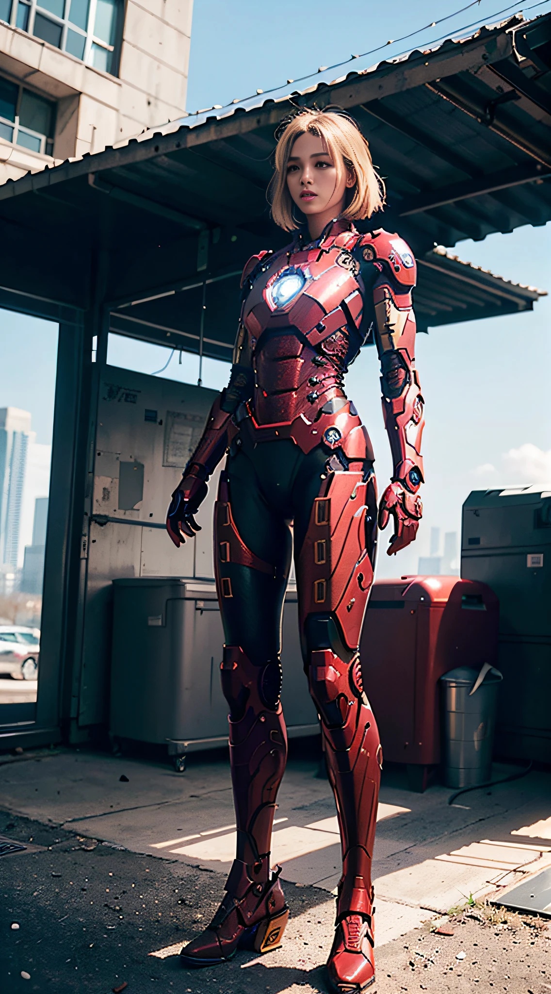 Realistic movie scene of a 20-year-old woman standing full body in a cyberpunk barren with stunning cloudscapes. (wearing an Iron Man mech) on her insanely complex anatomically adapted (graphene: 1.1) biomechanically symmetrical arms and biomechanically symmetric legs. Extremely detailed, elegant and ornate symmetrical fractal detail with Kyanite gemstone. Scene captured with bright soft natural light, dramatic shadows and beautiful vibrant colors. Romantic art style. 8k resolution image with cyberpunk style, intricate symmetrical details. The whole picture is indomitable and heroic. It is mainly a complete picture of a man standing with his whole body, smooth movements and confident expression.