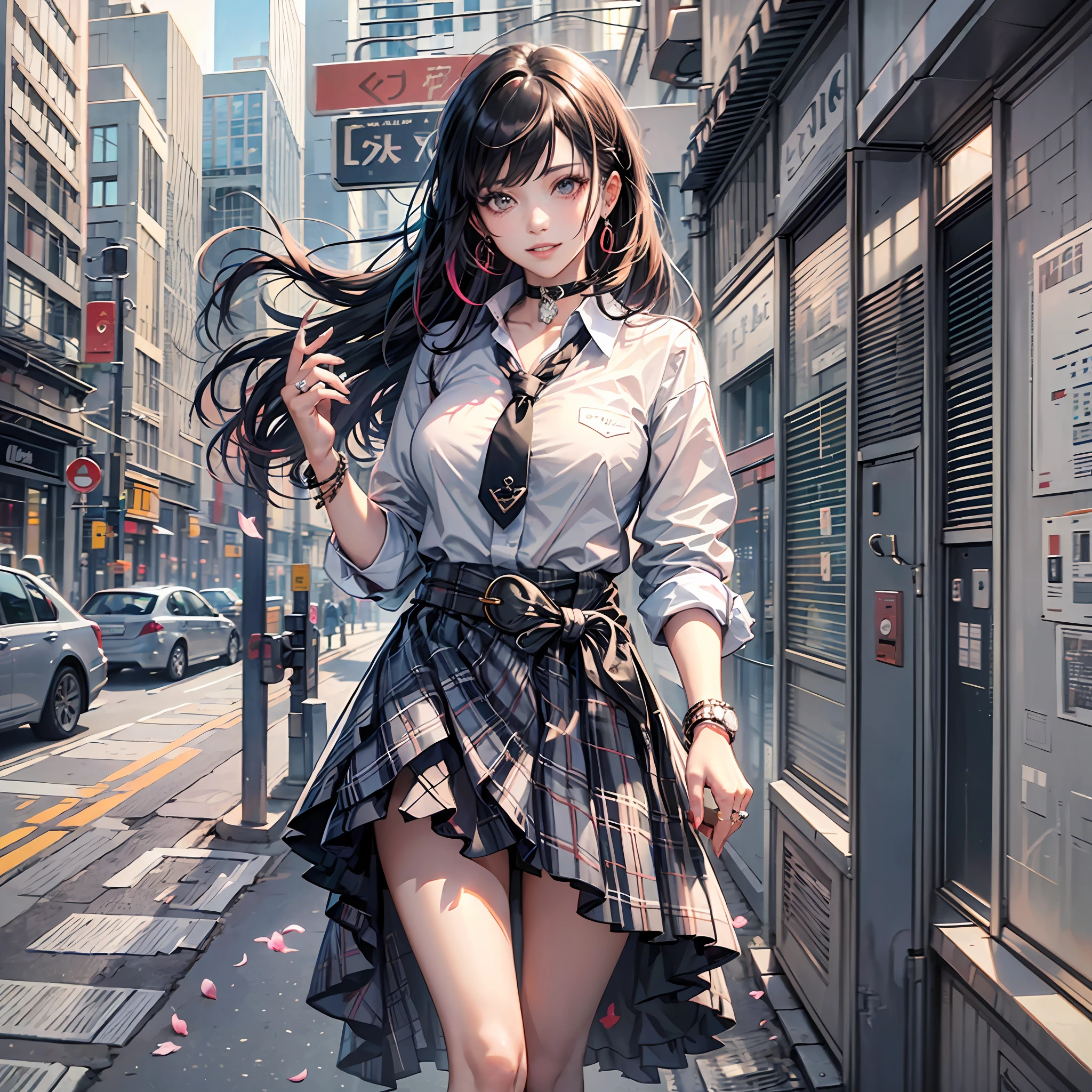 masterpiece, best quality, full body, 1girl, bangs, black choker, black necktie, black hair, blue skirt, blush, bracelet, breasts, choker, clothes around waist, collarbone, collared shirt, cowboy shot, dress shirt, ear piercing, eyebrows visible through hair, gradient hair, grin, gyaru, jewelry, kogal, long hair, looking at viewer, loose necktie, necktie, piercing, plaid, plaid skirt, pleated skirt, red eyes, ring, school uniform, shirt, skirt, smile, solo, white shirt, street, sky, cherry blossoms, petals,illustration, (magazine:1.3), (cover-style:1.3), fashionable, woman, vibrant, outfit, posing, front, colorful, dynamic, background, elements, confident, expression, holding, statement, accessory, majestic, coiled, around, touch, scene, text, cover, bold, attention-grabbing, title, stylish, font, catchy, headline, larger, striking, modern, trendy, focus, fashion, --auto --s2