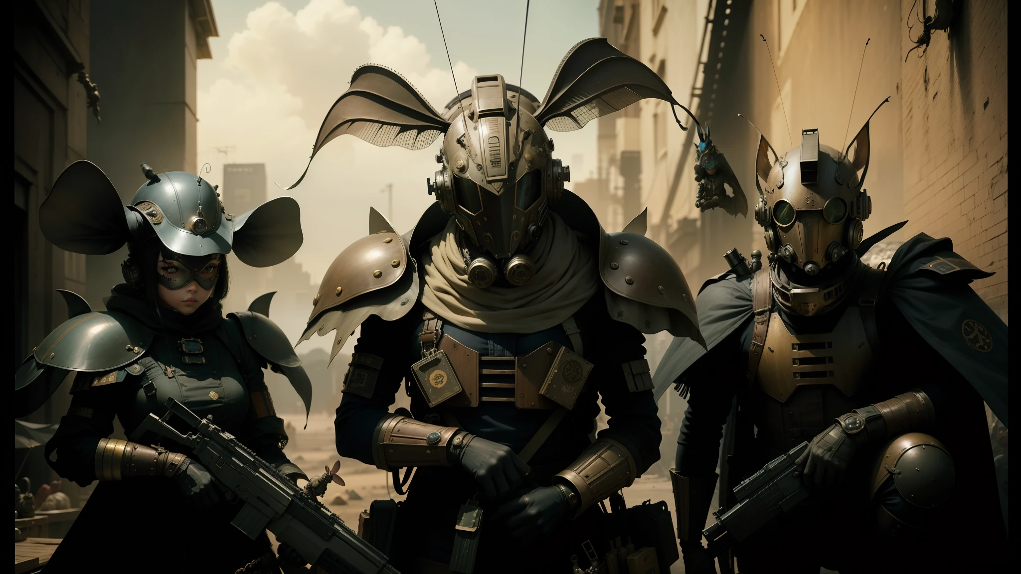 three people in alien costumes with weapons and masks, steampunk insect, vfx film closeup, rabbits, inspired by Ravi Zupa, 2019, by Yoshitaka Amano, dieselpunk soldier girl, symmetric armor, andreas franke, still image from tv series, drooping rabbity ears, jackstraws --auto --s2