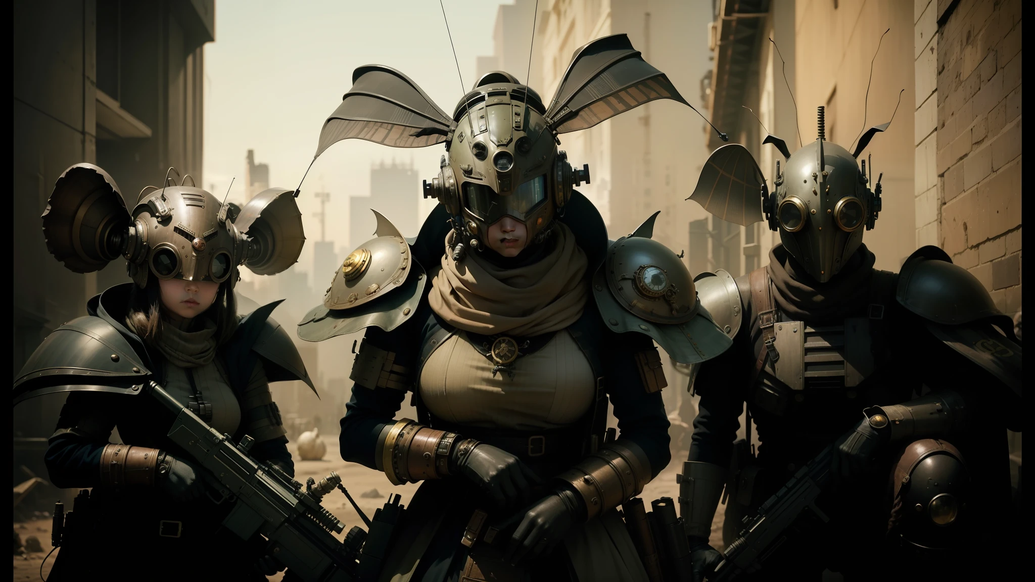 three people in alien costumes with weapons and masks, steampunk insect, vfx film closeup, rabbits, inspired by Ravi Zupa, 2019, by Yoshitaka Amano, dieselpunk soldier girl, symmetric armor, andreas franke, still image from tv series, drooping rabbity ears, jackstraws --auto --s2