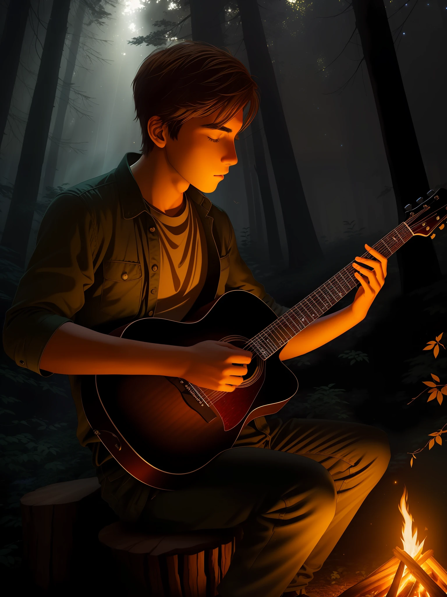 (a young man with a guitar:1.2) sitting around a campfire in a (dense:0.8) forest at night, illuminated by the (flickering:1.2) firelight and (shimmering:1.1) starlight, surrounded by (twinkling:1.1) fireflies and (mysterious:1.1) shadows, wearing (a casual:0.9) outfit that blends with the (earthy:1.2) tones of the forest, surrounded by the (rustling:1.1) leaves and (howling:1.1) wind as he strums his guitar.