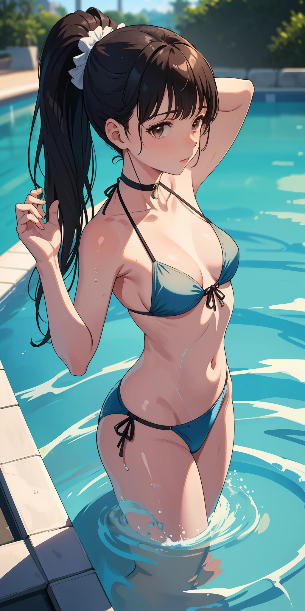 best quality, high resolution, distinctive picture, 1woman, bikini, pool, wet, small breasts, dark ponytail with bangs hair, choker, white skin, brown eyes