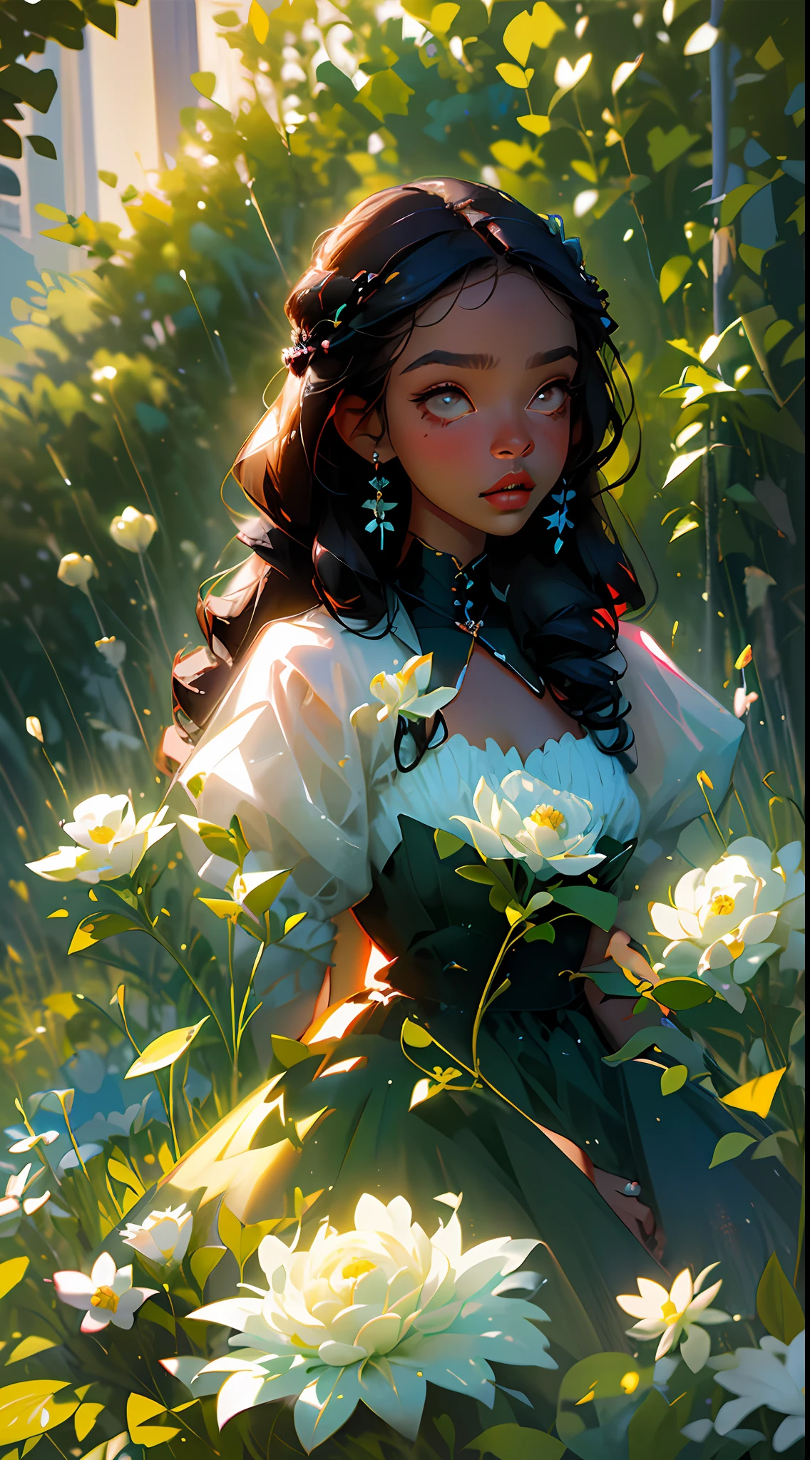 A beautiful woman of black skin color (chubby, cuvilinea) curly black hair, dress of ruffles and bows in a garden of varied flowers and a splendid lighting (detailed and award-winning masterpiece)