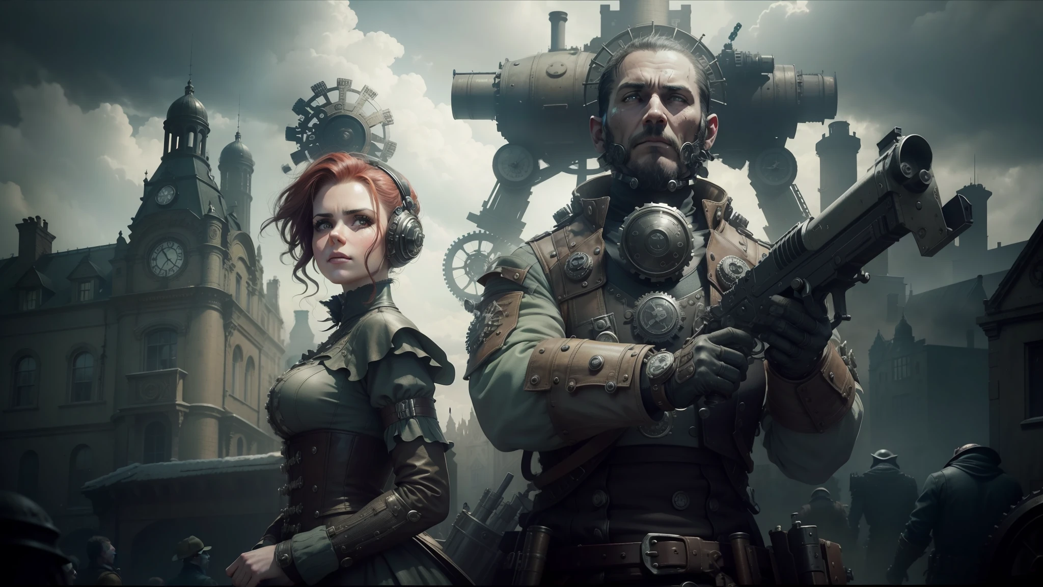 gears of war is coming to steampunk, victorian photo, characters from machinarium, by Wojciech Siudmak, youtube thumbnail, 1 9 th century london, looks a bit similar to amy adams, futuristic art style, streaming on twitch, cosplay photo, nineteenth century london, dystopian 1920s soviet mood --auto --s2
