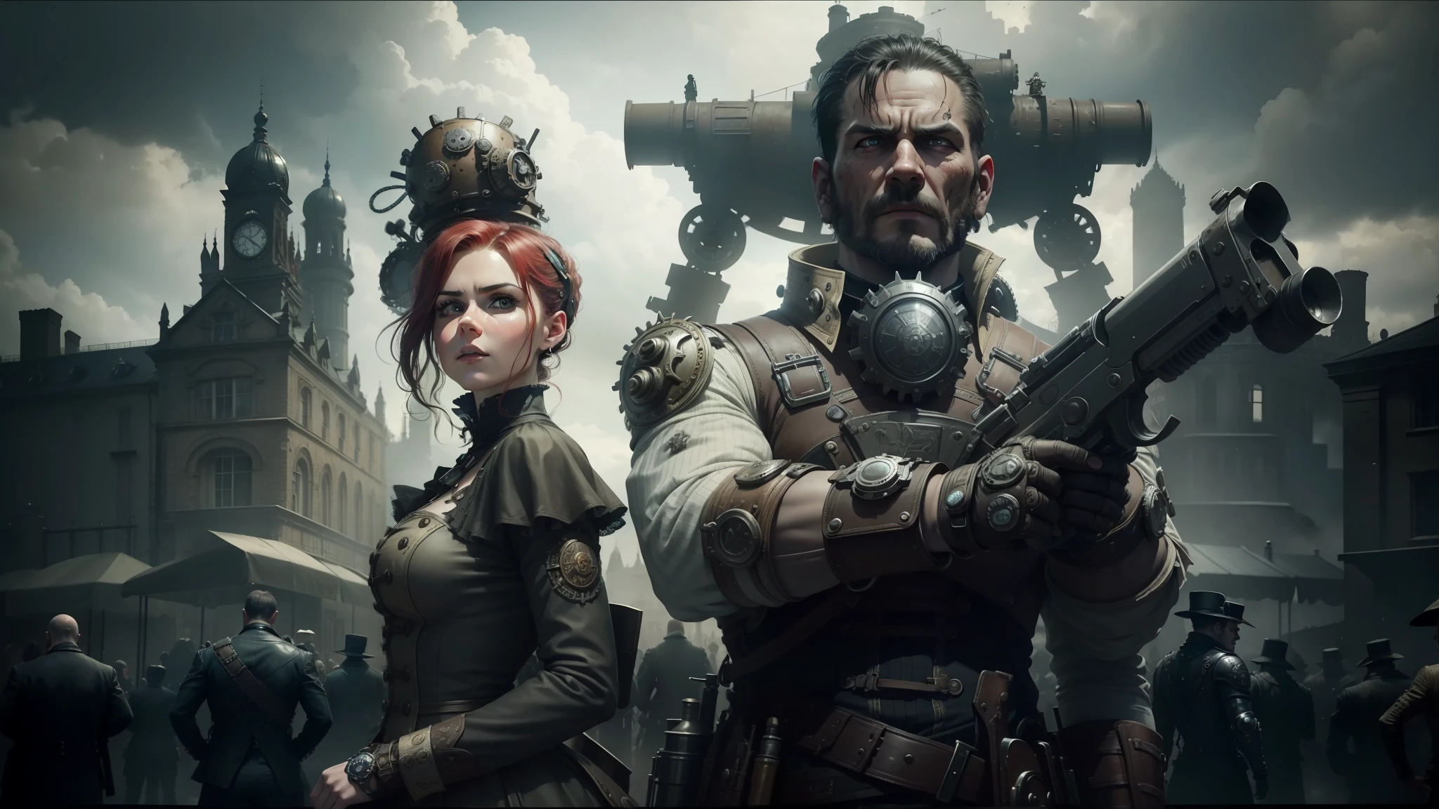 gears of war is coming to steampunk, victorian photo, characters from machinarium, by Wojciech Siudmak, youtube thumbnail, 1 9 th century london, looks a bit similar to amy adams, futuristic art style, streaming on twitch, cosplay photo, nineteenth century london, dystopian 1920s soviet mood --auto --s2