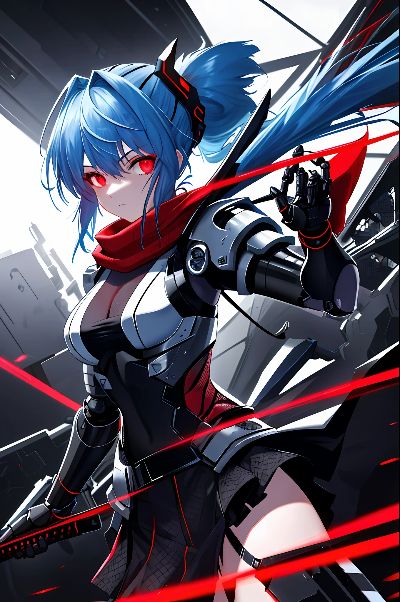 Absurd, very precise details, highly detailed 8K wallpaper, (transcendent beautiful girl: 1.5), break, light blue hair, ponytail, shoulder to back, from side, back focus, (exoskeleton spine:1.1), (mesh suit:1.4), (red glowing eyes: 1.1), break, (mechanical joints, mechanical limbs: 1.4), perfect five fingers, headgear, break, (dynamic angle: 1.5), red scarf wrapped around the neck , black miniskirt, battle scenes, holding knives, cyberpunk, devastated world,