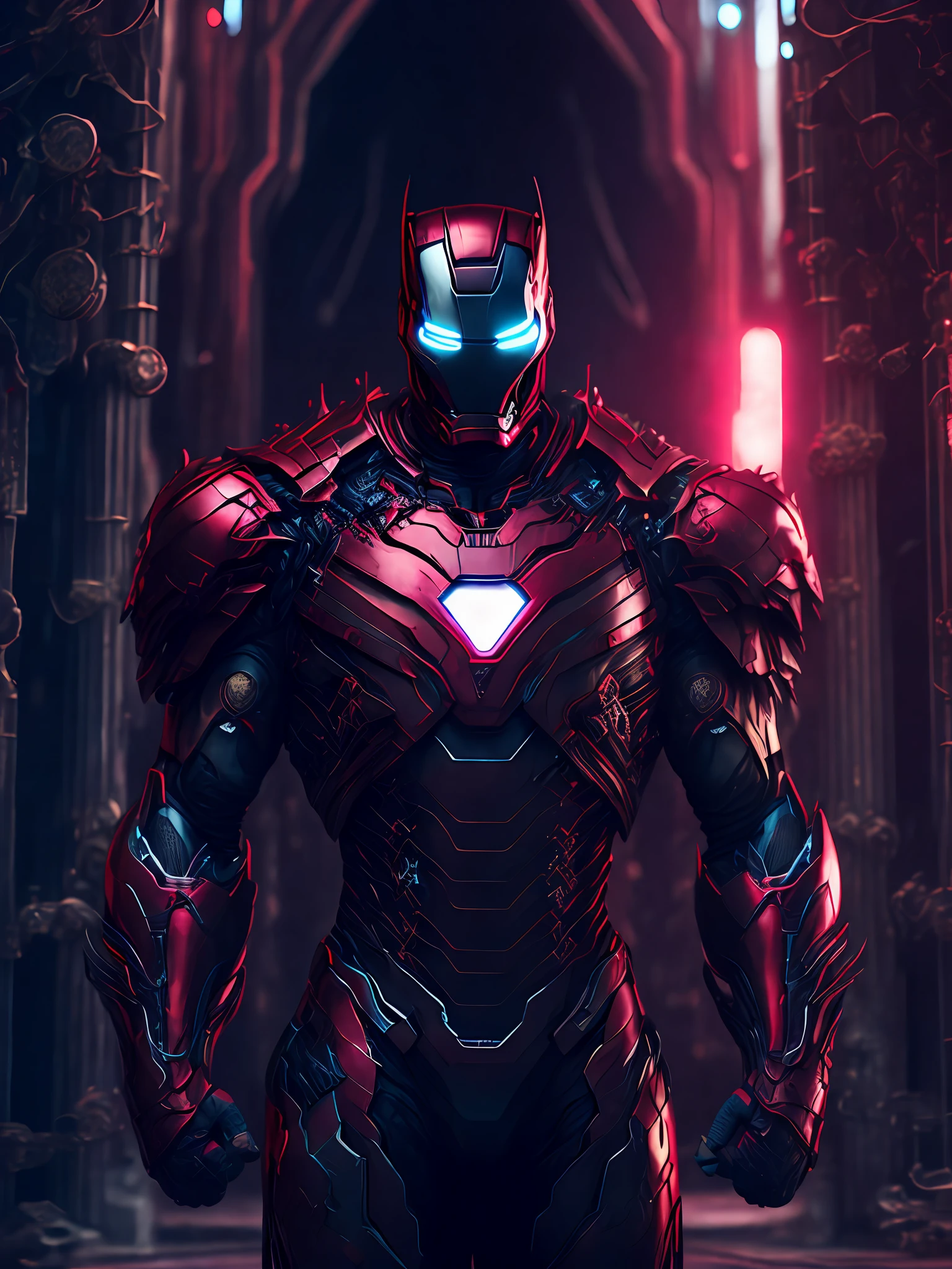 a somber portrait of Venom Iron Man from Marvel, with intricate angular cybernetic implants inside a brutalist building, a gothic brutalist cathedral, cyberpunk, award-winning photos, bokeh, neon lights, cybernetic limb