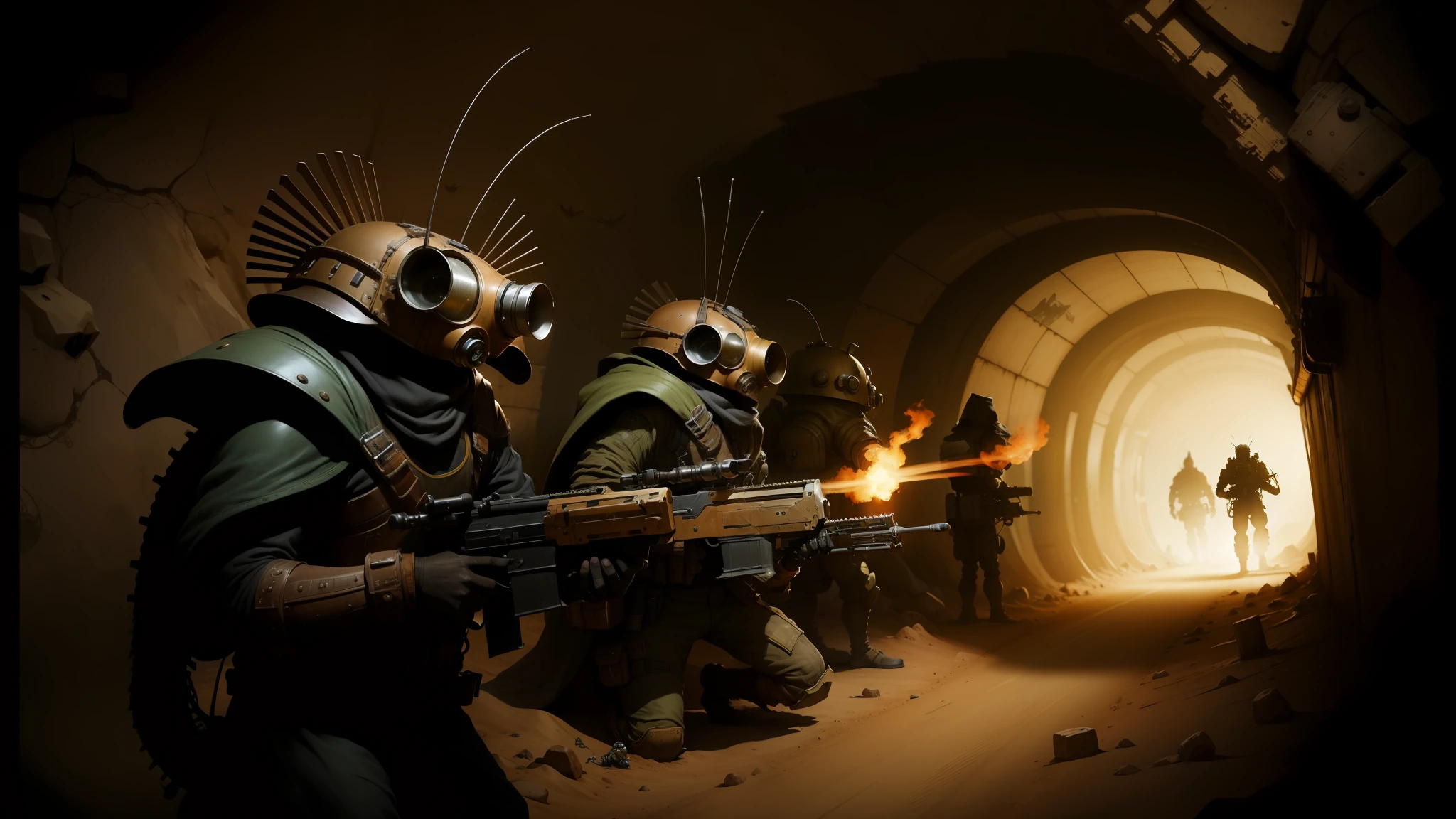 aliens are in a tunnel with a gun and a man in a suit, steampunk desert background, still image from the movie, fishmen, characters from machinarium, in a spiky tribal style, marco plouffe, several soldiers, 2 0 1 0 s, by László Mednyánszky, insects, holding flamethrower --auto --s2