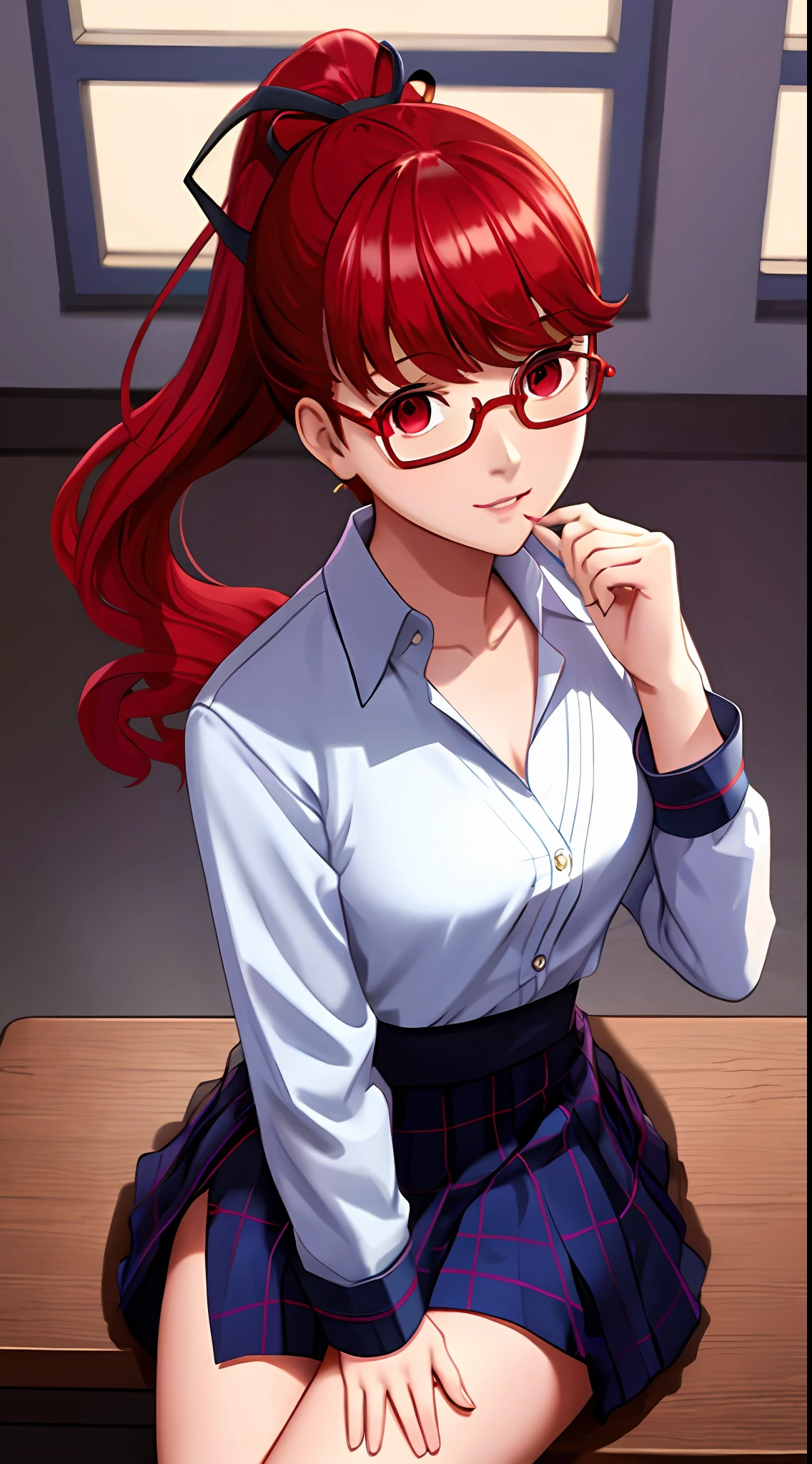 Solo, Sumire Yoshizawa (persona 5, 1female, white skin, Japanese, red eyes, long red hair with bangs and ponytail, small breasts, glasses), anime, ecchi, sitting at a desk, at school, (masterpiece, best quality, 8k, sharp focus, depth of field, best shadows, perfect lights, HDR, realistic skin texture, hyper detailed background), high school uniform, shoulders showing, Panties