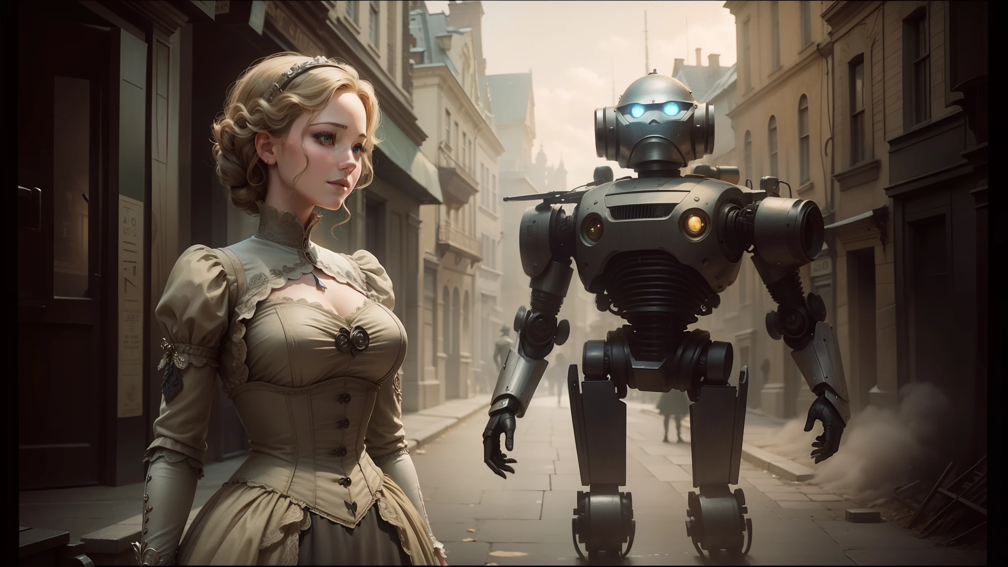 there is a woman standing next to a robot in a street, beautiful render of a fairytale, photorealistic digital art, inspired by Wally Wood, victorian era painting, characters merged, cinematic jennifer lawrence, pixar (2018), 1800s, flash animation, 1900s, mashup, frame from pixar movie, fantasy art smug smile man, film still from the movie --auto --s2