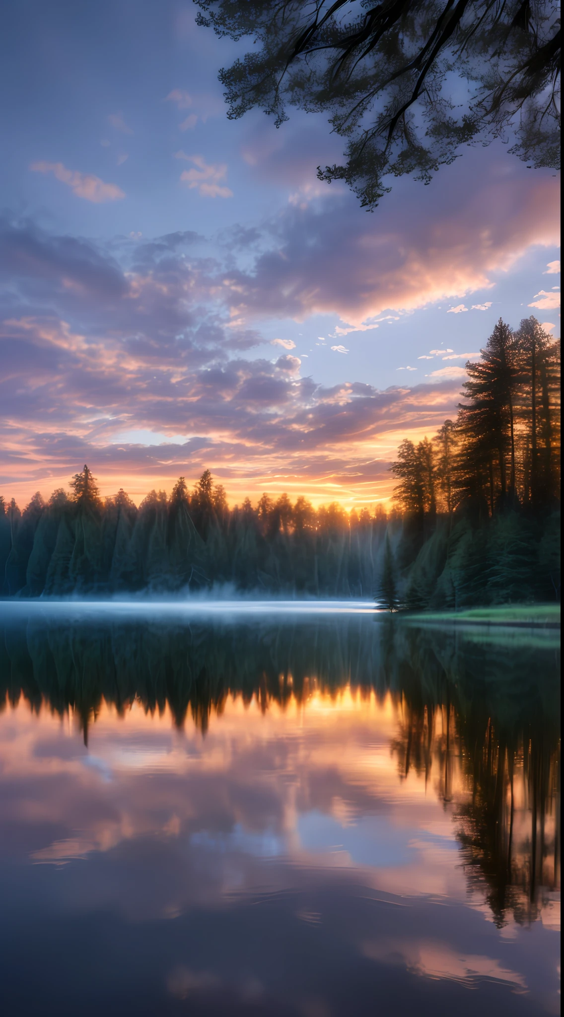 wallpaper, summer, lake, dawn, forest, detailed forest, clouds, masterpiece, cinematic, soft light, depth of field, ray tracing, reflection in water, realism, ulra detailed,