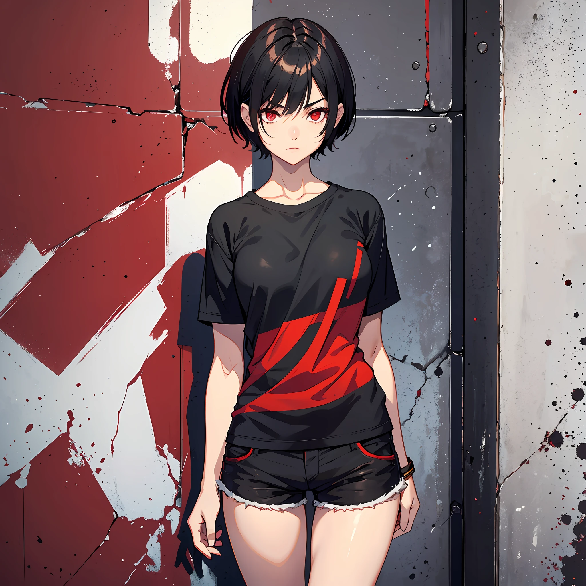 Short hair, red eyes, shorts, strong, black clothes --auto --s2