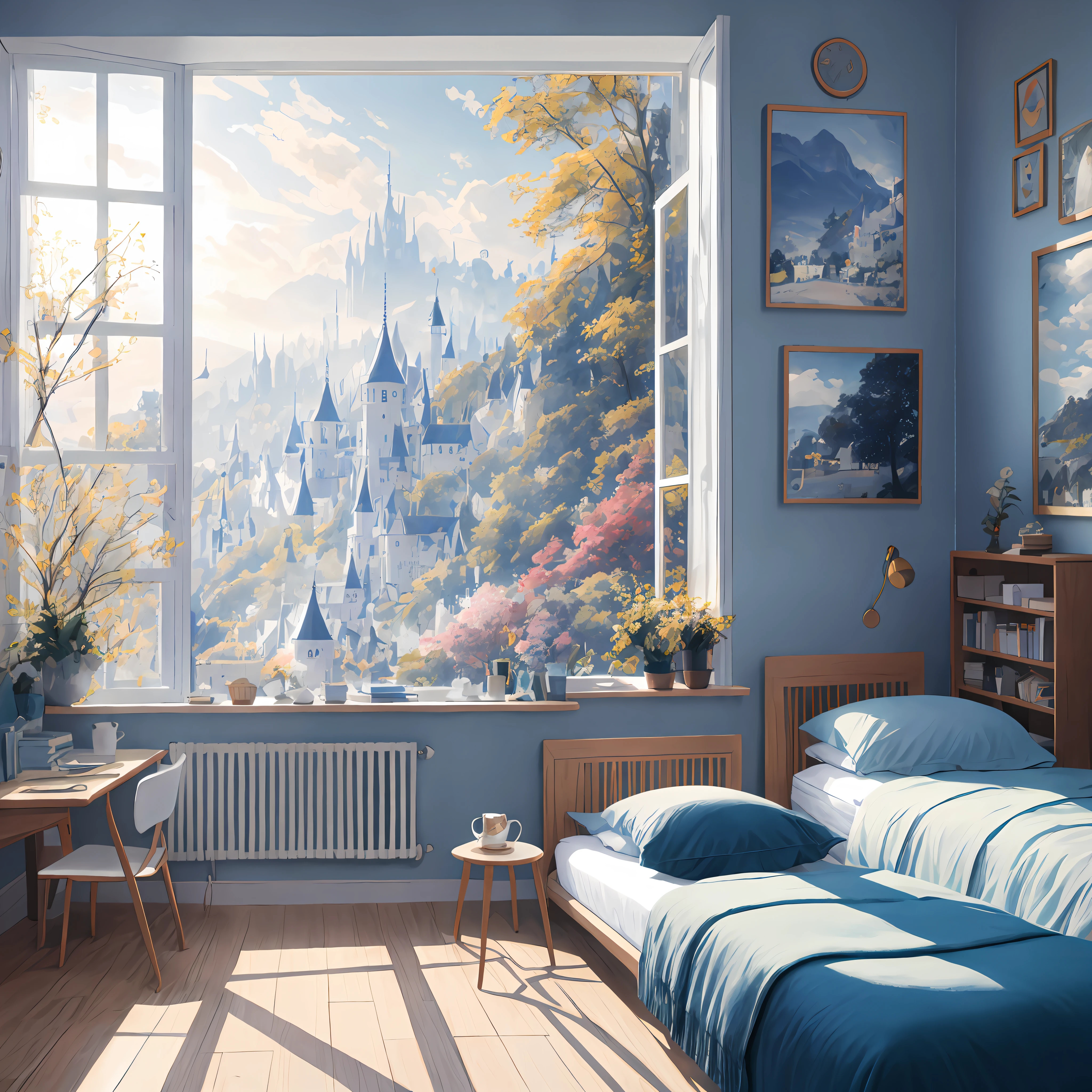 Masterpiece, best quality, high quality, very detailed CG uniform 8k wallpaper, bedroom, indoor, daytime, no humans, fit, landscape, bokeh, HDR, bloom, chromatic aberration, realism, very detailed, trends on artstation, trends on CGsociety, High Detail, art by midjourney, technology, comfory, pixiv, room full of hobbies, just one bed, cartoon, warm light, blue