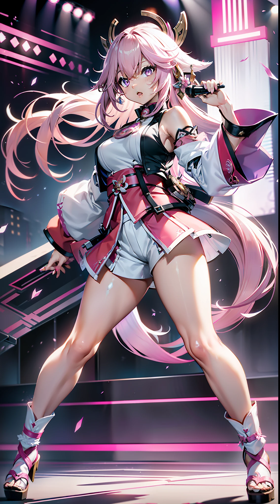 Singing and dancing singer, ((Genshin), (Yae Miko)), long pink hair, purple eyes, confident expression, {clothing description: (pink cropped leather jacket), (white vest), (white shorts), (bare legs), white high heels}, (solid gray background), ((full-body shot))