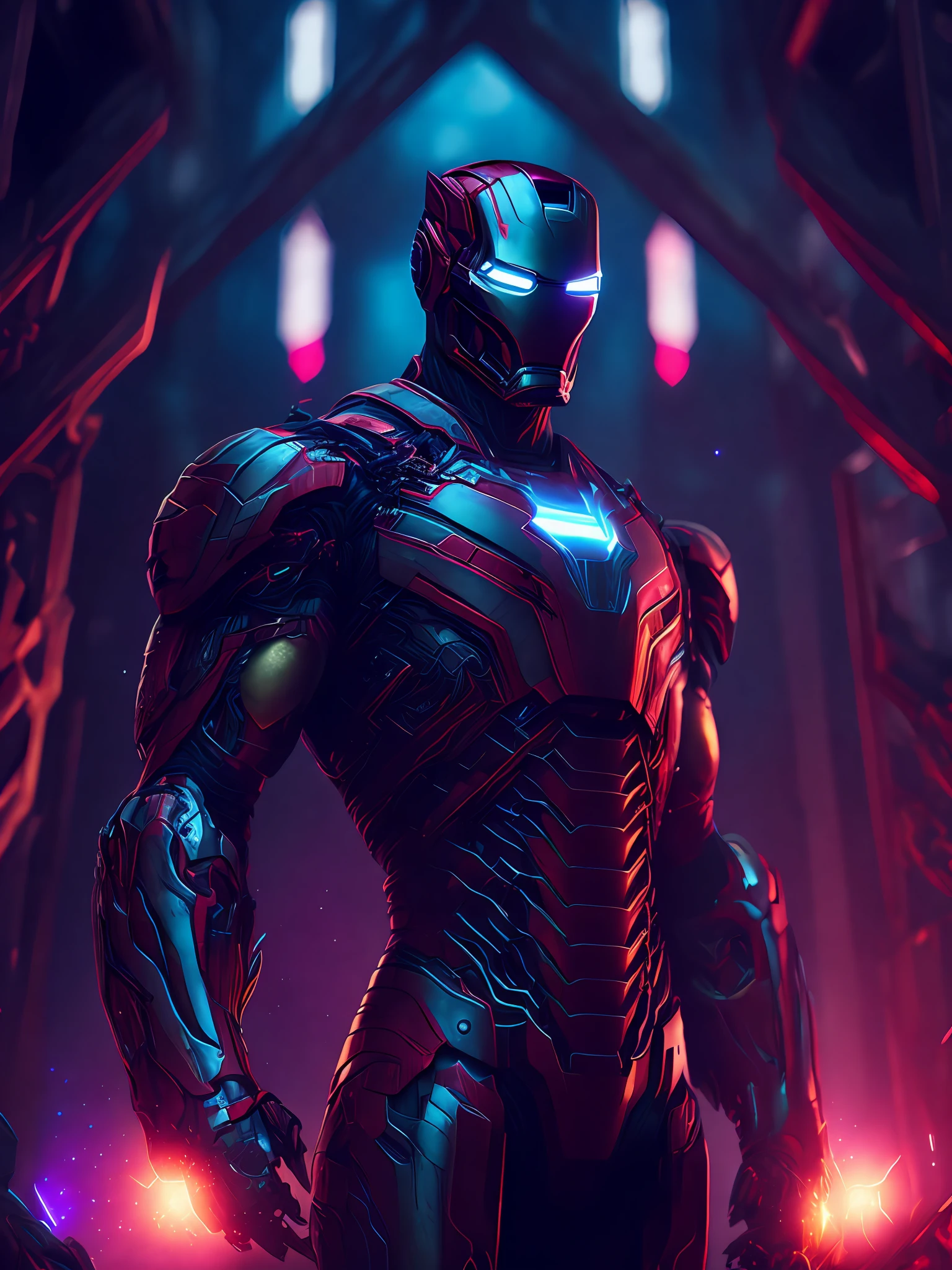 a somber portrait of Iron Man merged with Venom from Marvel, with intricate angular cybernetic implants inside a brutalist building, a gothic brutalist cathedral, cyberpunk, an award-winning photo, bokeh, neon lights, a cybernetic limb