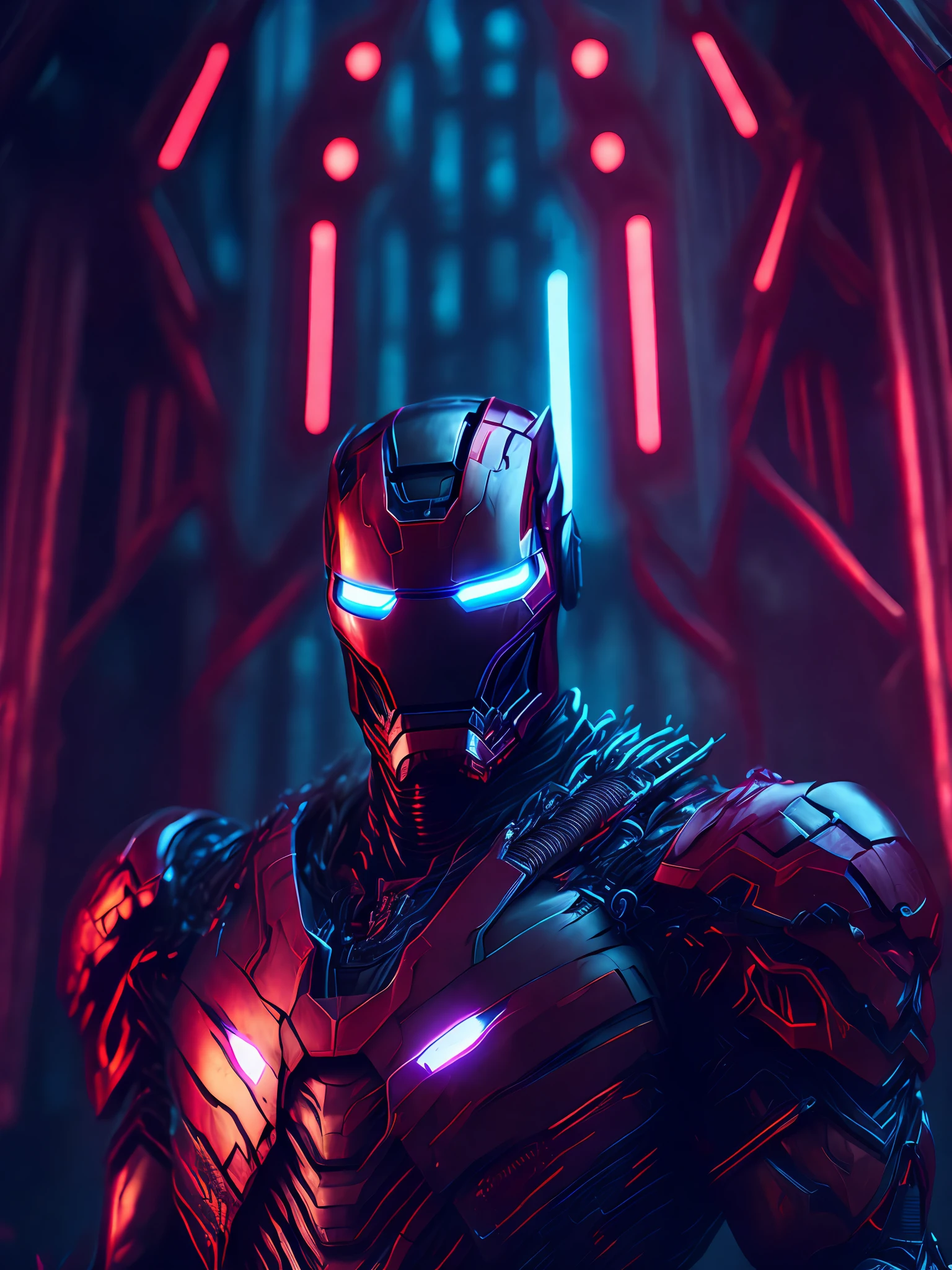 a somber portrait of Iron Man merged with Venom from Marvel, with intricate angular cybernetic implants inside a brutalist building, a gothic brutalist cathedral, cyberpunk, an award-winning photo, bokeh, neon lights, a cybernetic limb