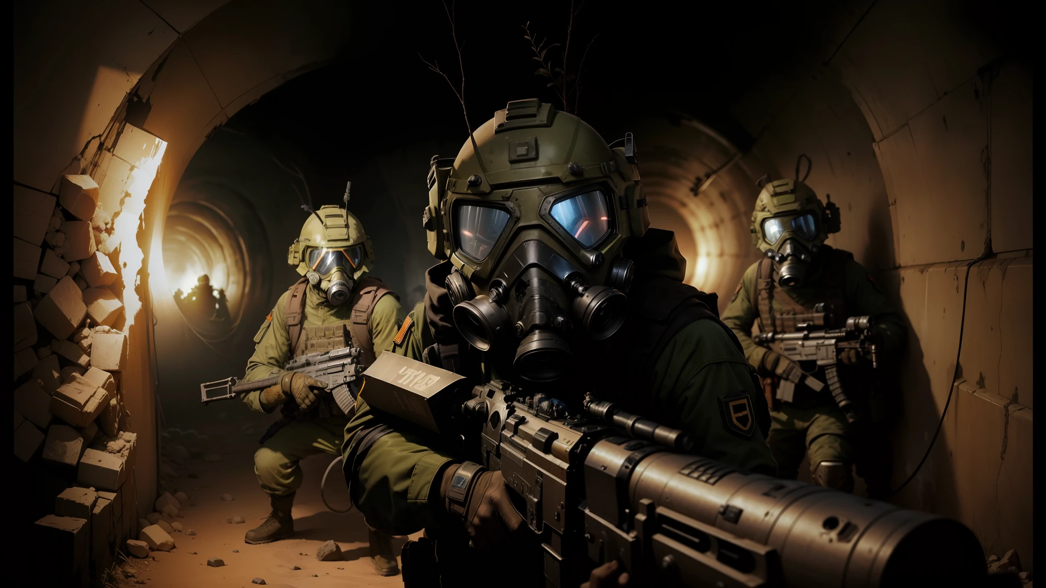 soldiers in gas masks and gas masks are standing in a tunnel, from a 2 0 1 9 sci fi 8 k movie, spriggans, award on cgsociety, standing in wasteland, flares anamorphic, goblin art, monstrous mask, two figures wearing gas masks, desert game, fine dust, miners --auto --s2