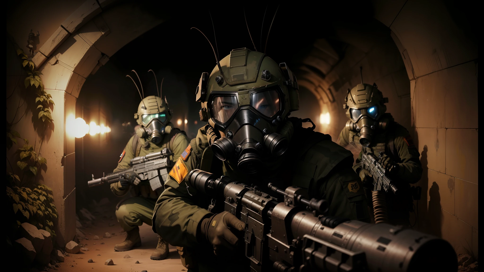 soldiers in gas masks and gas masks are standing in a tunnel, from a 2 0 1 9 sci fi 8 k movie, spriggans, award on cgsociety, standing in wasteland, flares anamorphic, goblin art, monstrous mask, two figures wearing gas masks, desert game, fine dust, miners --auto --s2