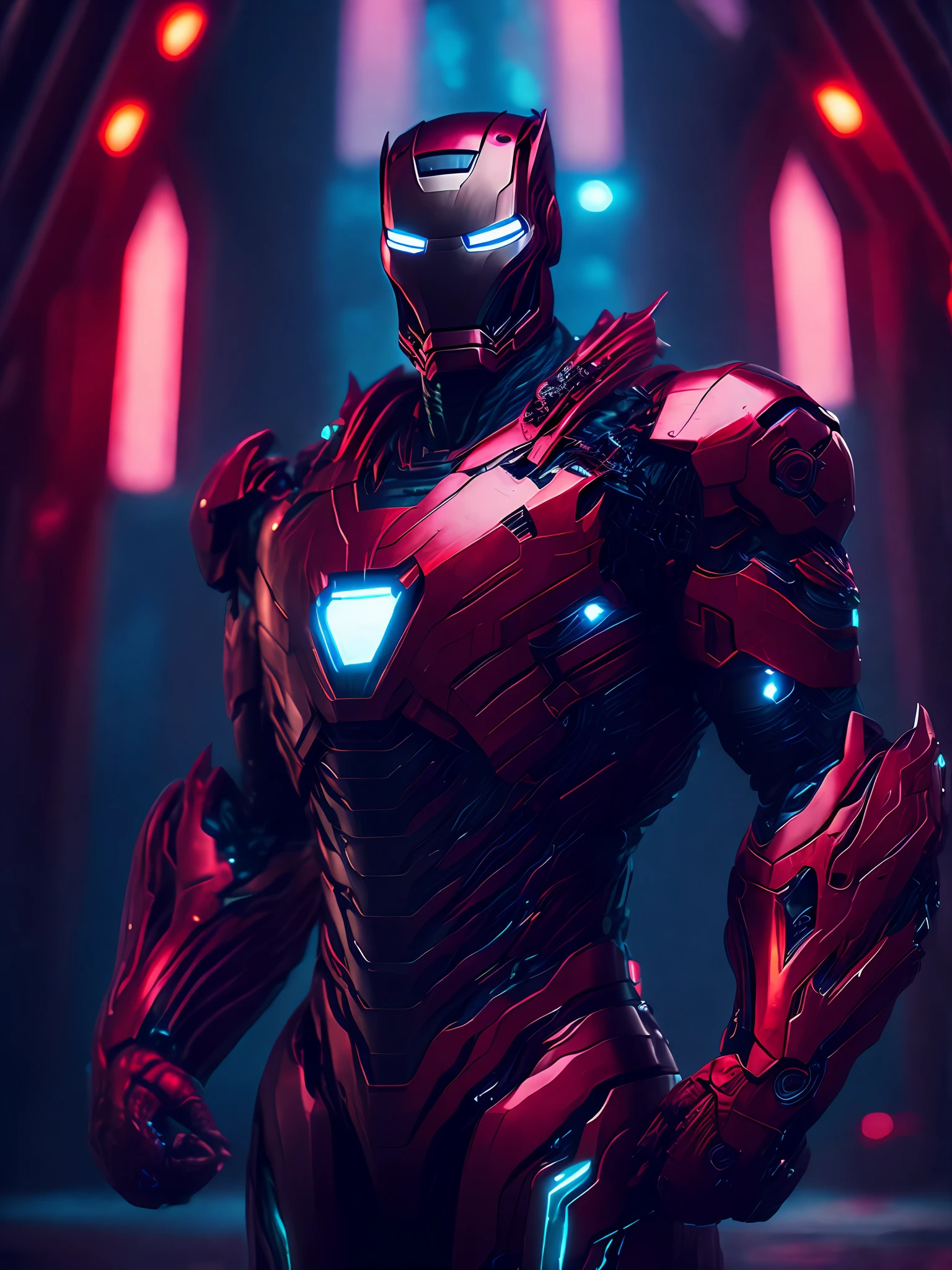 a somber portrait of Iron Man merged with Carnage from Marvel, with intricate angular cybernetic implants inside a brutalist building, a gothic brutalist cathedral, cyberpunk, an award-winning photo, bokeh, neon lights, a cybernetic limb