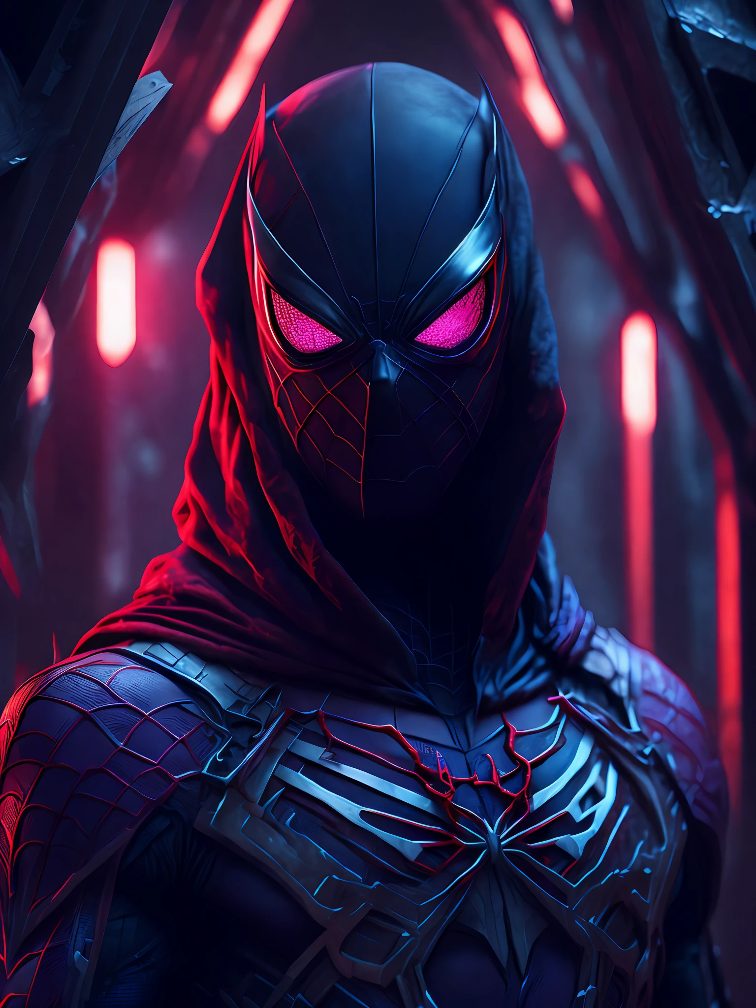 gloomy portrait of Venom + Spider-Man from Marvel, with intricate angular cybernetic implants inside a brutalist building, gothic brutalist cathedral, cyberpunk, award-winning photo, bokeh, neon lights, cybernetic limb