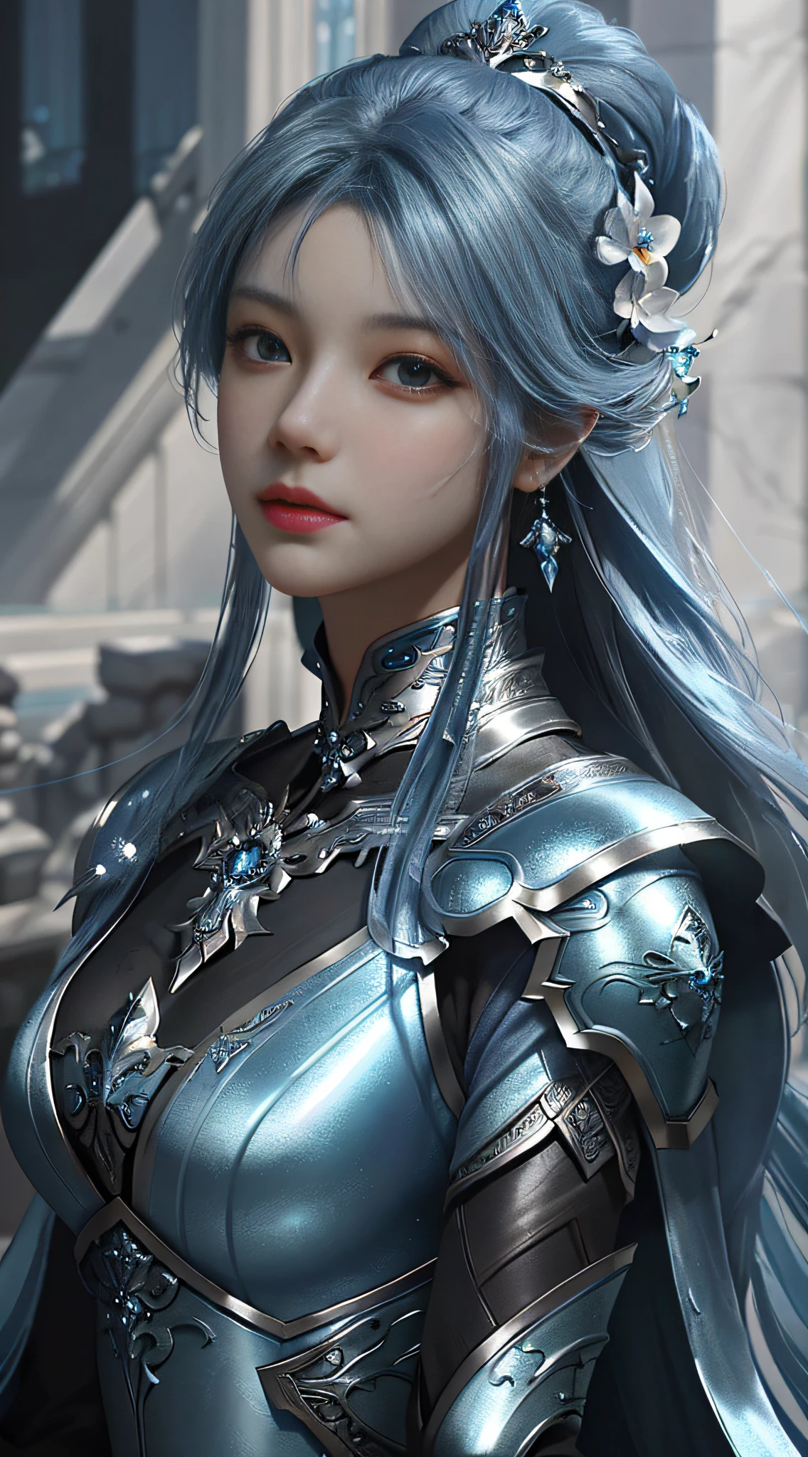 a close up of a woman in a silver and blue dress, chengwei pan on artstation, by Yang J, detailed fantasy art, stunning character art, fanart best artstation, epic exquisite character art, beautiful armor, extremely detailed artgerm, detailed digital anime art, artgerm on artstation pixiv, armor girl