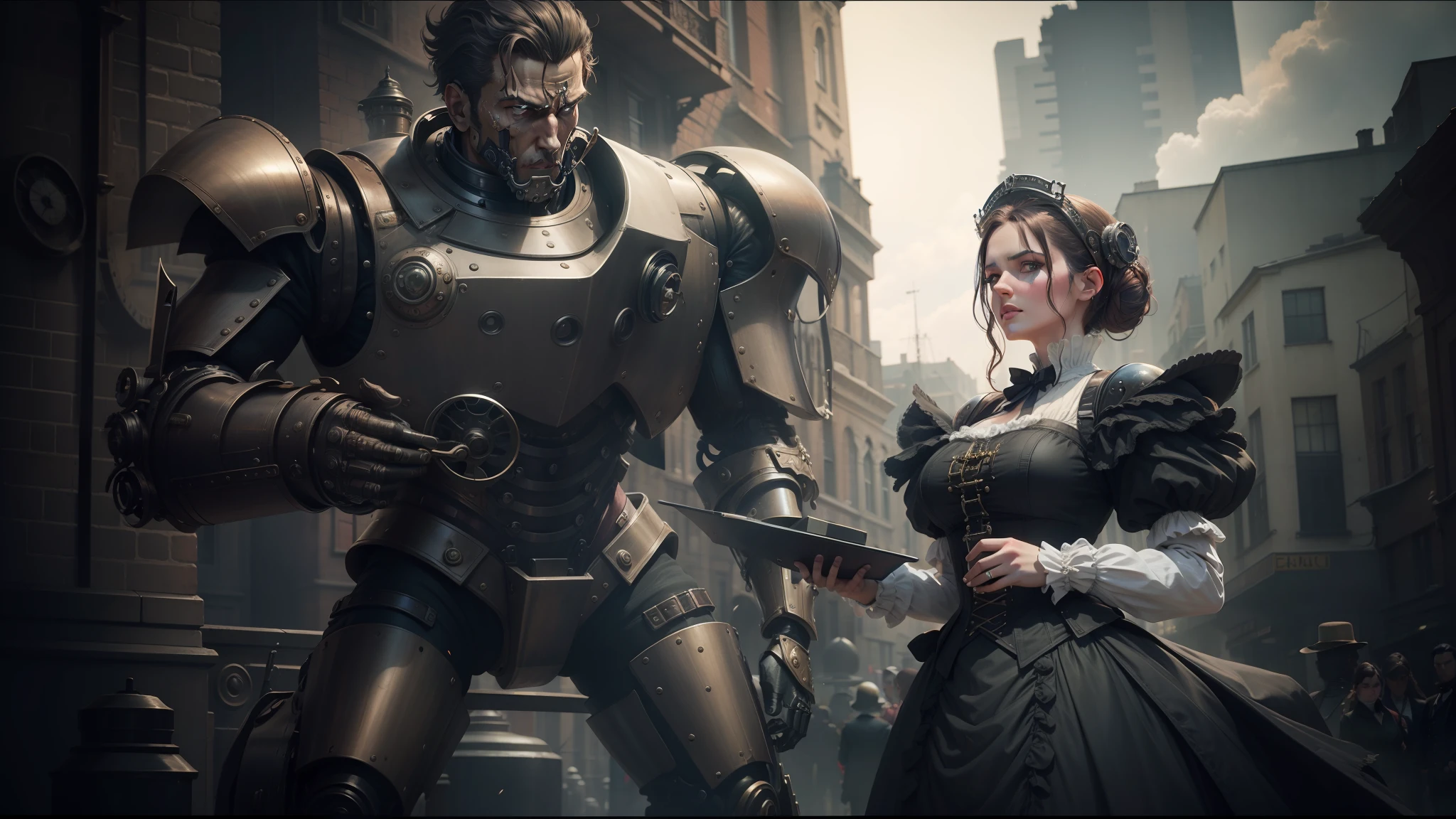 there is a woman standing next to a robot in a city, steampunk male portrait, stunning vfx, a beautiful victorian woman, beautiful female knight, shot on anamorphic lenses, sony world photography awards, machinic desire, 2015 cinematography, cosplay, cogwheel, industrial mechanical robot dogs, high definition cgsociety, 1 8 5 0 s era clothes --auto --s2