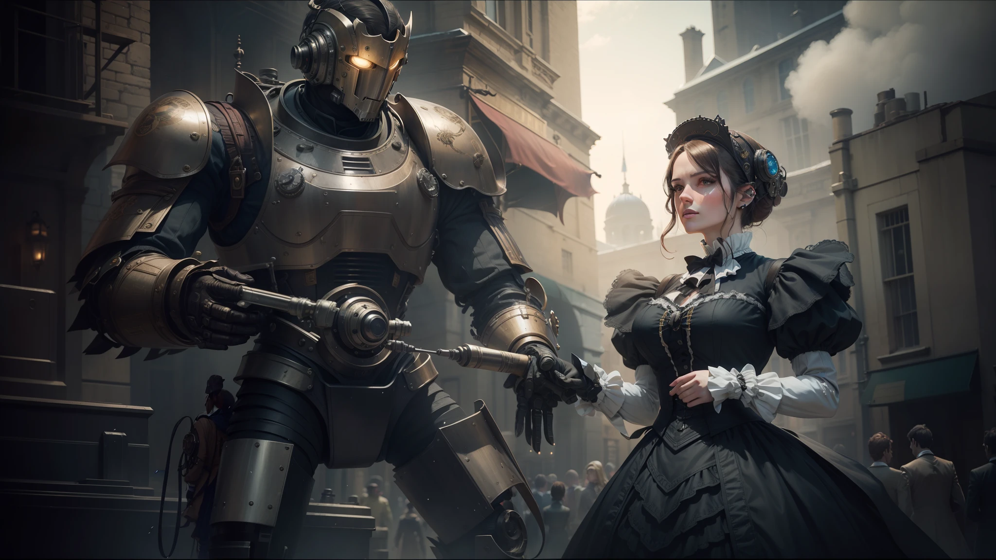 there is a woman standing next to a robot in a city, steampunk male portrait, stunning vfx, a beautiful victorian woman, beautiful female knight, shot on anamorphic lenses, sony world photography awards, machinic desire, 2015 cinematography, cosplay, cogwheel, industrial mechanical robot dogs, high definition cgsociety, 1 8 5 0 s era clothes --auto --s2