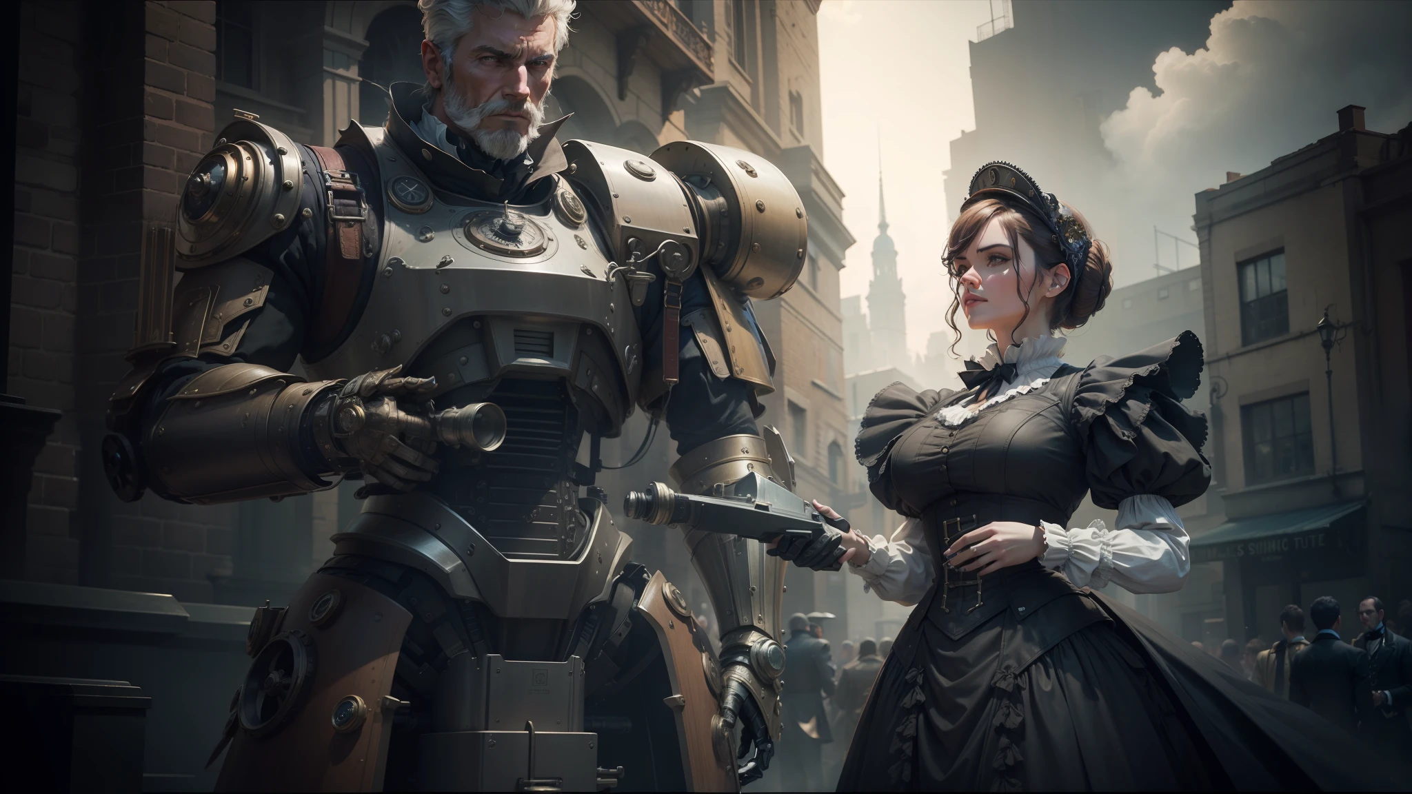 there is a woman standing next to a robot in a city, steampunk male portrait, stunning vfx, a beautiful victorian woman, beautiful female knight, shot on anamorphic lenses, sony world photography awards, machinic desire, 2015 cinematography, cosplay, cogwheel, industrial mechanical robot dogs, high definition cgsociety, 1 8 5 0 s era clothes --auto --s2