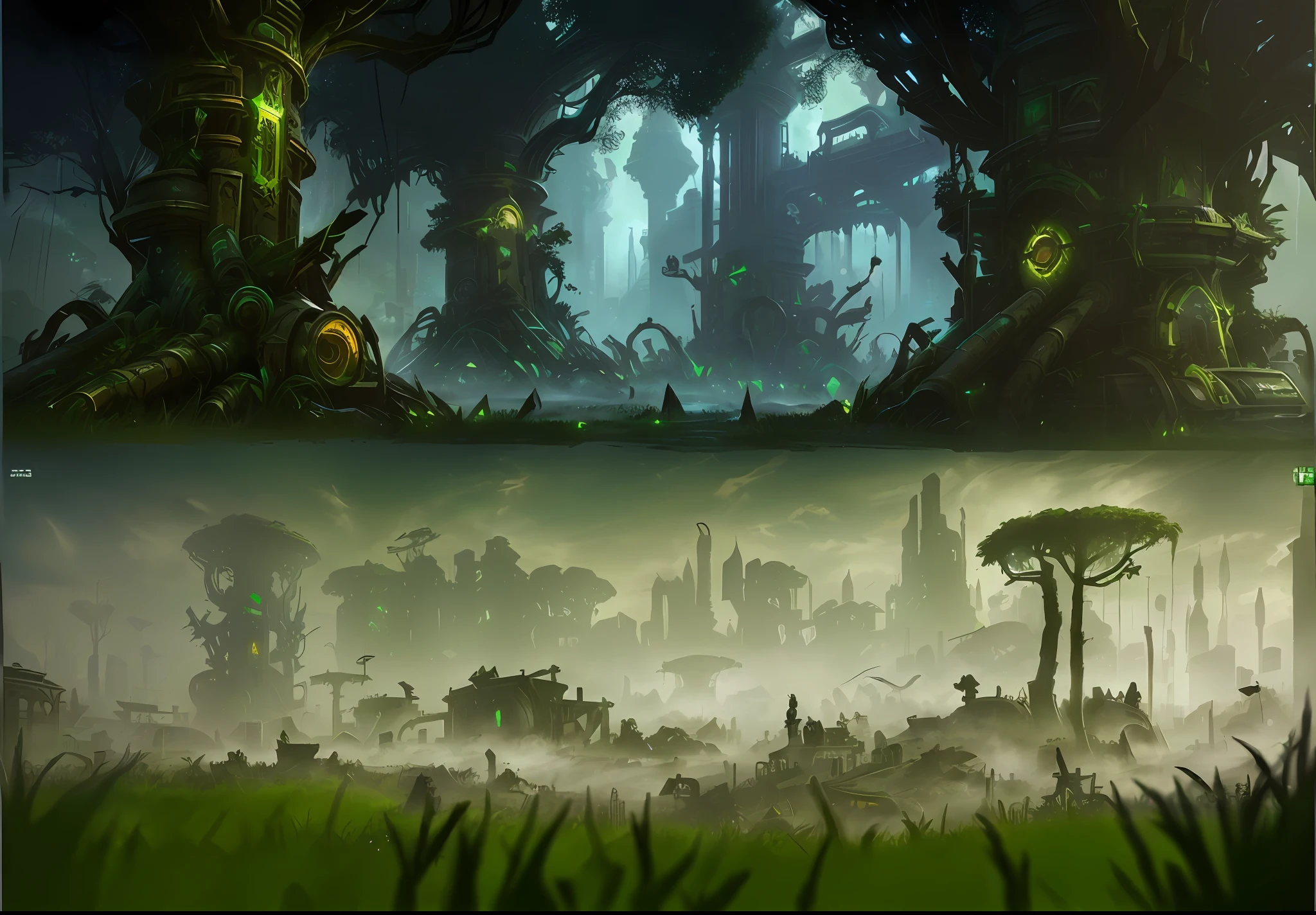 Parallel perspective, cyberpunk style, steam, mechanical, a forest painting with a lot of trees, fist game concept art, moss ruins, League of Legends concept art, environmental concept art, Hearthstone concept art, Blizzard Hearthstone concept art, World of Warcraft concept art, overgrown jungle ruins, environmental concept art, epic concept art, ancient overgrown weeds! Ruins, jungle background with ruins