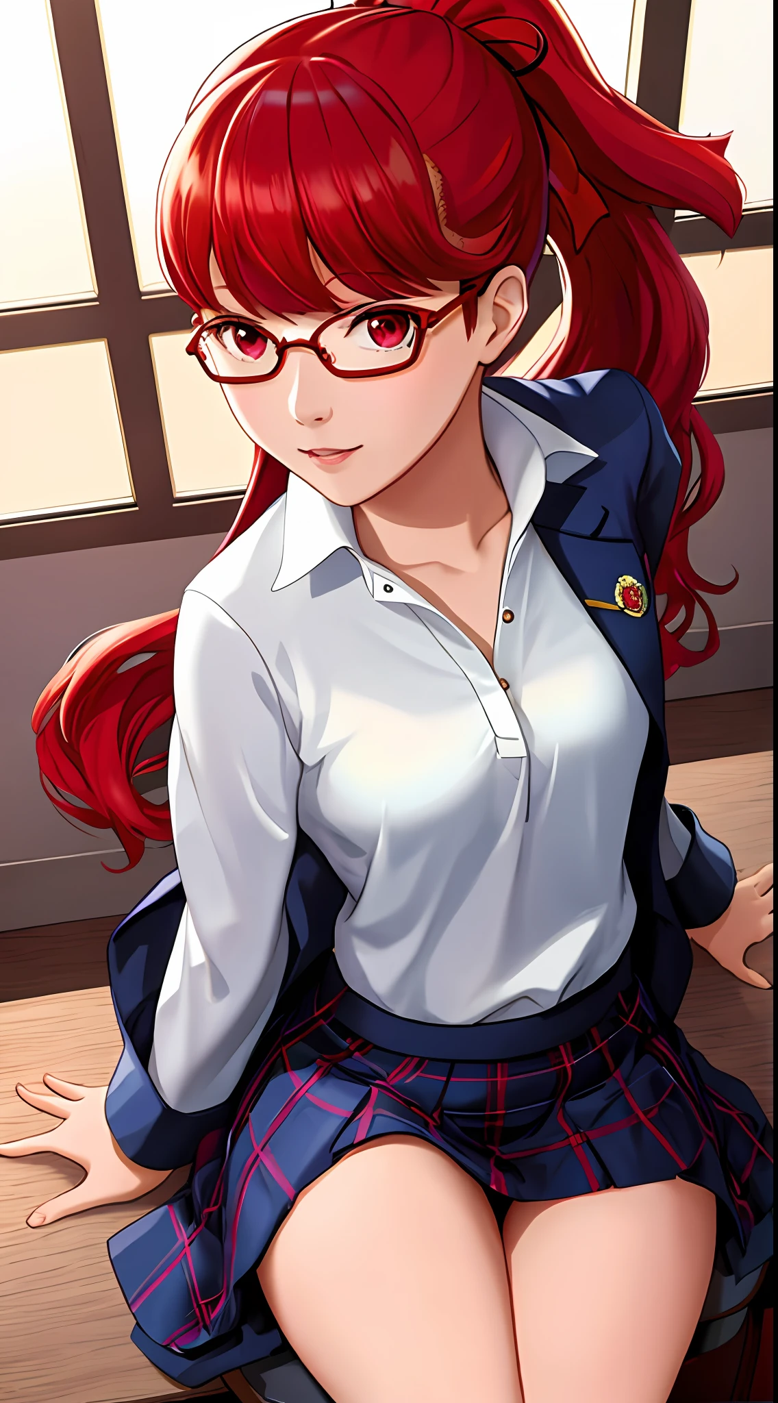 Solo, Sumire Yoshizawa (from persona 5, 1female, white skin, Japanese, red eyes, long red hair with bangs and ponytail, small breasts, glasses), anime, ((ecchi, lewd)) sitting at a desk, at school, (masterpiece, best quality, 8k, sharp focus, depth of field, best shadows, perfect lights, HDR, realistic skin texture, hyper detailed background), collegiate uniform,  Shoulders showing, Panties