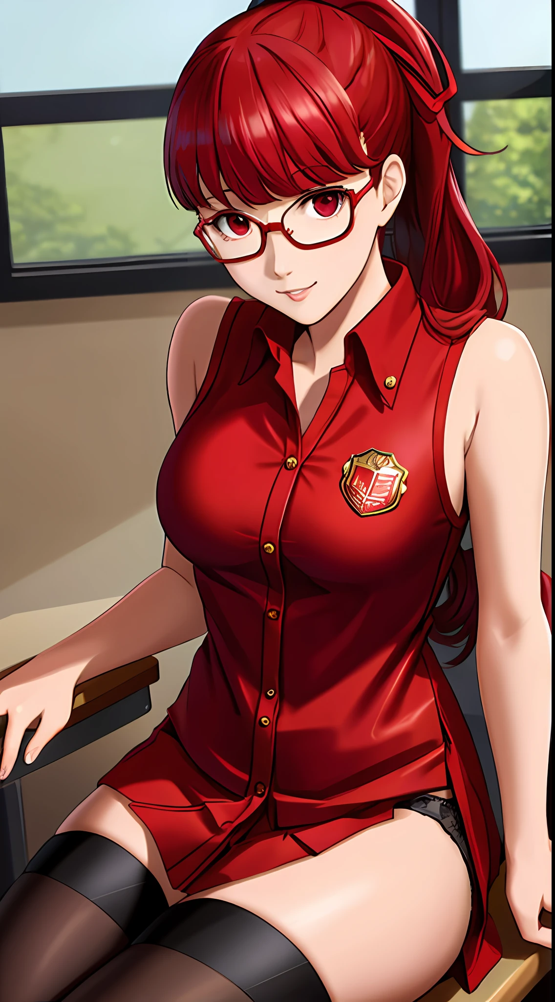 Solo, Sumire Yoshizawa (from persona 5, 1female, white skin, Japanese, red eyes, long red hair with bangs and ponytail, small breasts, glasses), anime, ((ecchi, lewd)) sitting at a desk, at school, (masterpiece, best quality, 8k, sharp focus, depth of field, best shadows, perfect lights, HDR, realistic skin texture, hyper detailed background), collegiate uniform,  Shoulders showing, Panties
