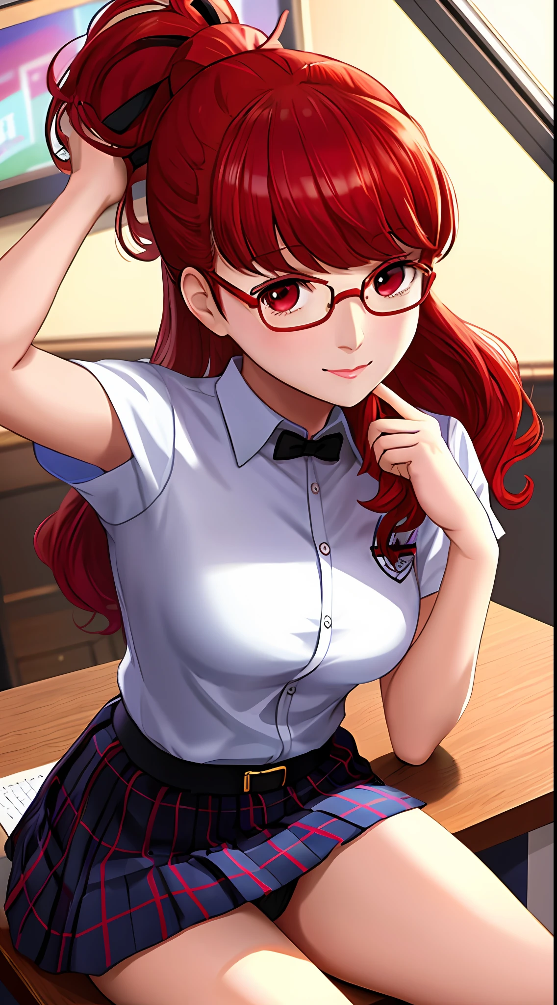 Solo, Sumire Yoshizawa (from persona 5, 1female, white skin, Japanese, red eyes, long red hair with bangs and ponytail, small breasts, glasses), anime, ((ecchi, lewd)) sitting at a desk, at school, (masterpiece, best quality, 8k, sharp focus, depth of field, best shadows, perfect lights, HDR, realistic skin texture, hyper detailed background), collegiate uniform,  Shoulders showing, Panties