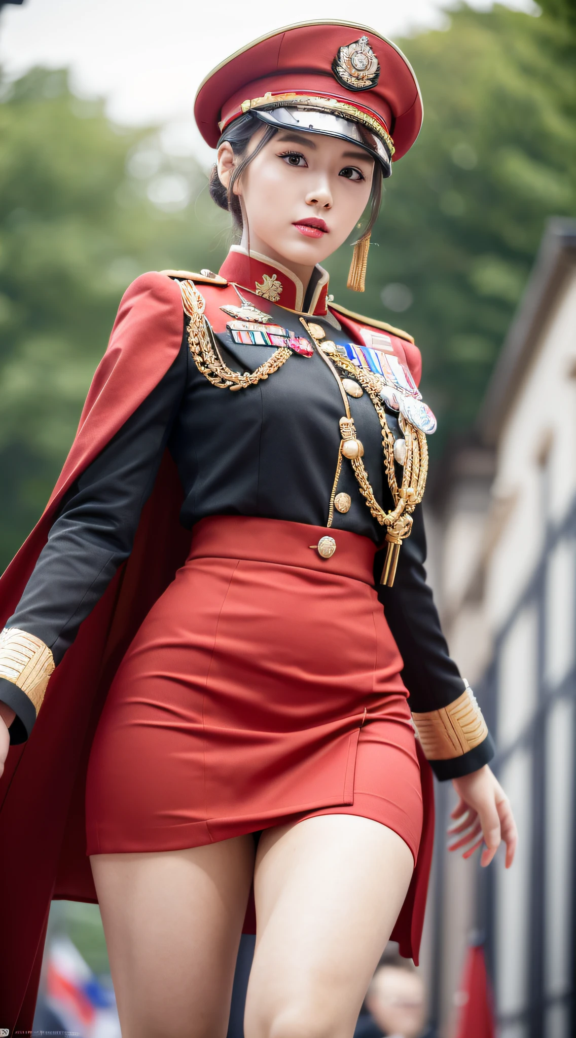 ((Realistic lighting, Masterpiece: 1.3)), (raw photo:1.2), Hyperrealist portrait Beautiful Chinese girl, 20 years old, ((pale skin: 1.6)), beautiful eyes, very detailed eyes and face, (full real formal crimson red military uniform), (crimson red pencil skirt), (military cap), ((high rank)), military cape, charming serious face, natural makeup: 1.2, (military standing pose), chignon hair style, Best quality, 8K, professional photography, (full body), parade background