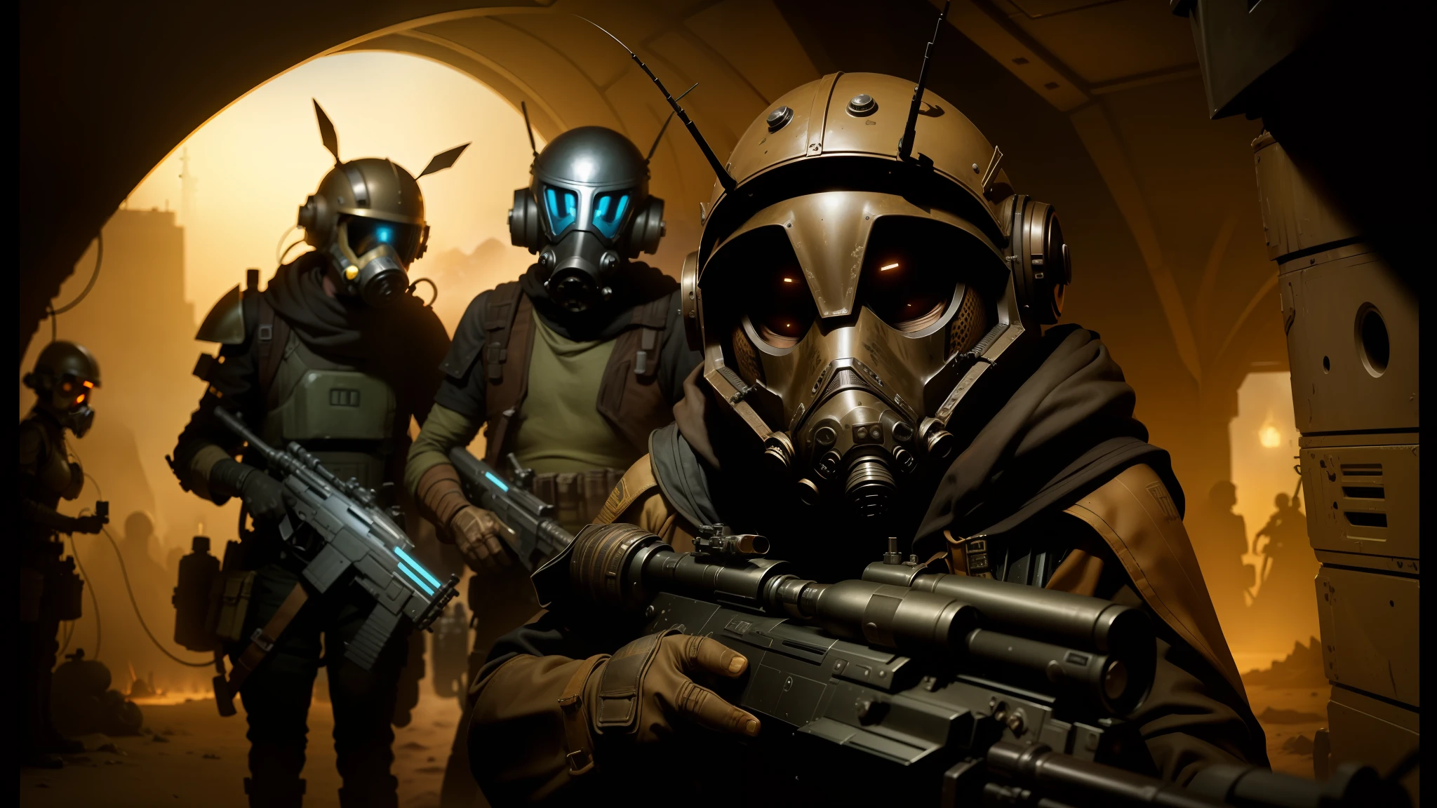 there are three people in gas masks and helmets with guns, disney weta portrait, jackstraws, still image from tv series, with glow on some of its parts, steampunk desert background, mousefolk, star wars vibe, standing in a cantina, wasps, 2070, in costume --auto --s2