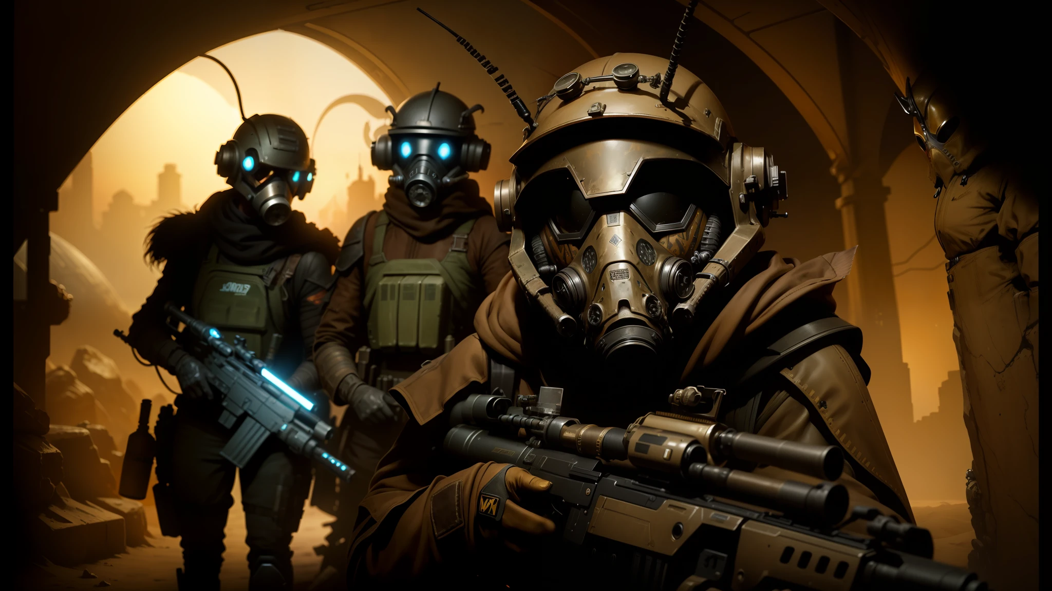 there are three people in gas masks and helmets with guns, disney weta portrait, jackstraws, still image from tv series, with glow on some of its parts, steampunk desert background, mousefolk, star wars vibe, standing in a cantina, wasps, 2070, in costume --auto --s2
