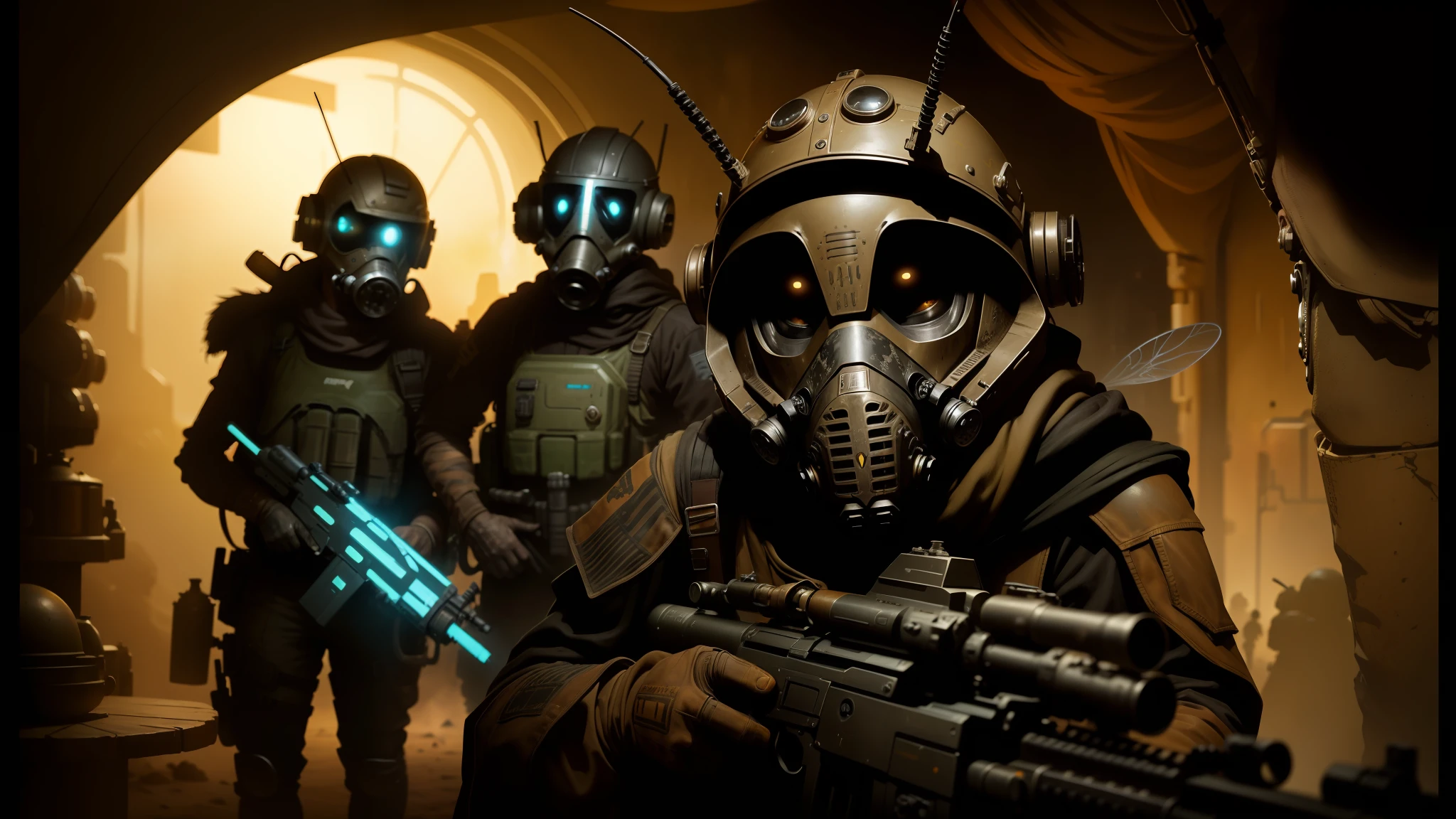 there are three people in gas masks and helmets with guns, disney weta portrait, jackstraws, still image from tv series, with glow on some of its parts, steampunk desert background, mousefolk, star wars vibe, standing in a cantina, wasps, 2070, in costume --auto --s2