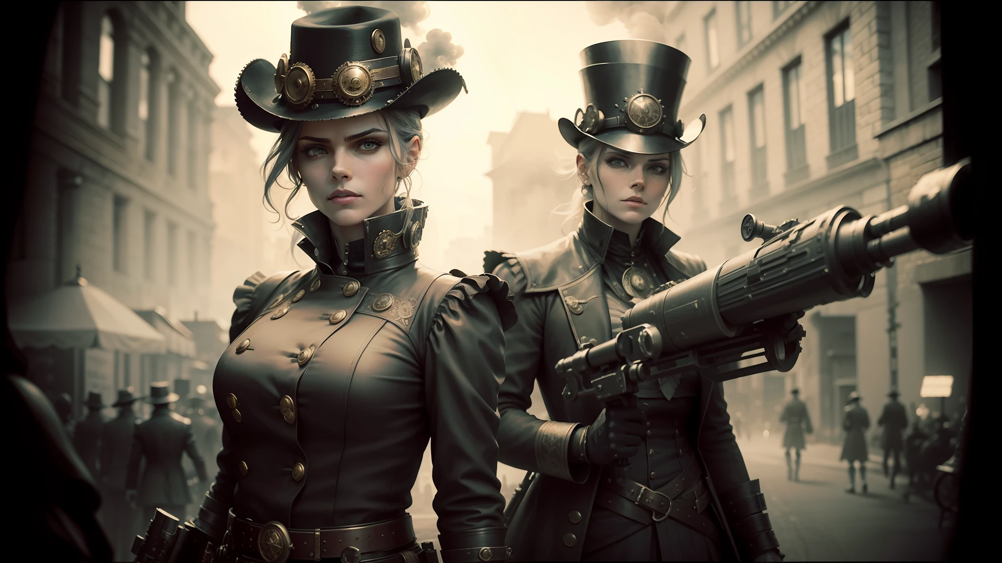 there are two people dressed in steam punk clothing and hats, highly detailed vfx portrait, black and white cinematography, weapons in hand, street fashion clothing, clockwork woman, still from anime, awarded winning photo, sharpe focus, war in background, by Edwin Dickinson, photo of --auto --s2